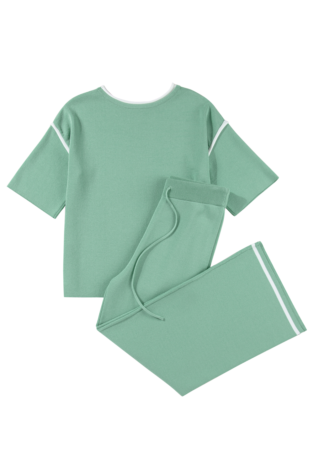 Blackish Green Contrast Trim Half Sleeve Top Drawstring Pants Loose 2pcs Sweater Suit