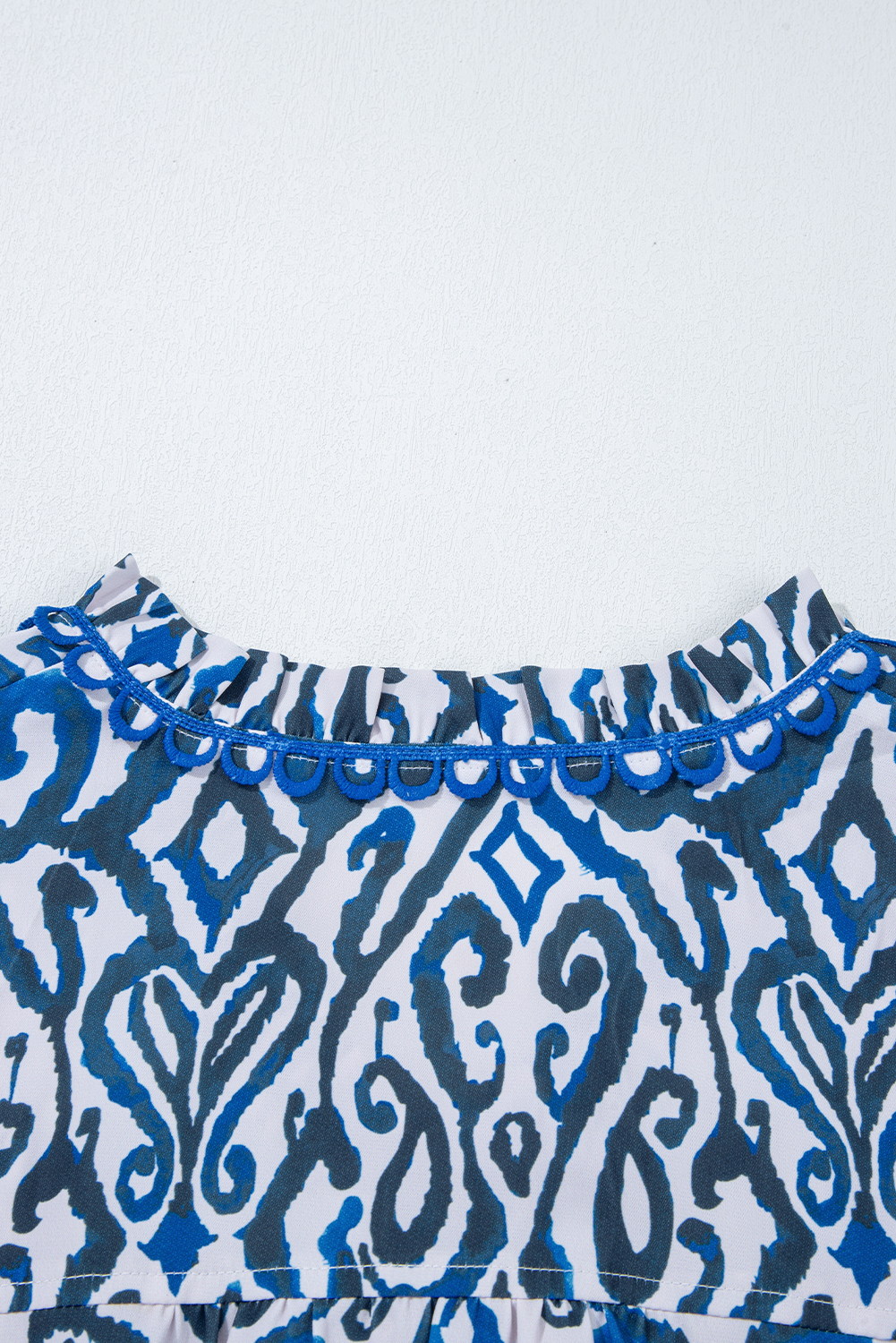 Blue Bohemian Print Embroidered V Neckline Detail Long Sleeve Shirt