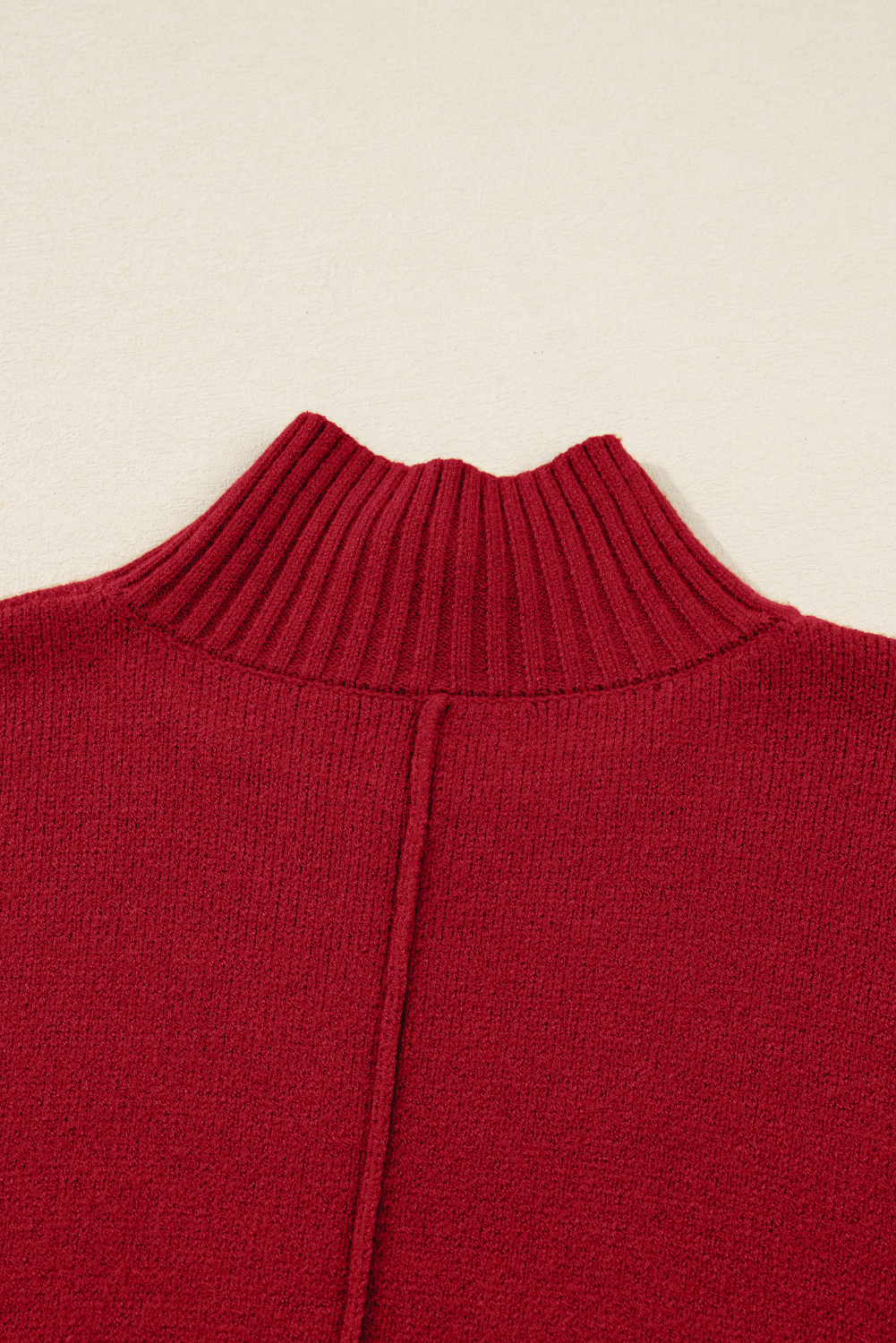 Fiery Red Ribbed High Neck Front Pockets Center Seam Shift Sweater Dress