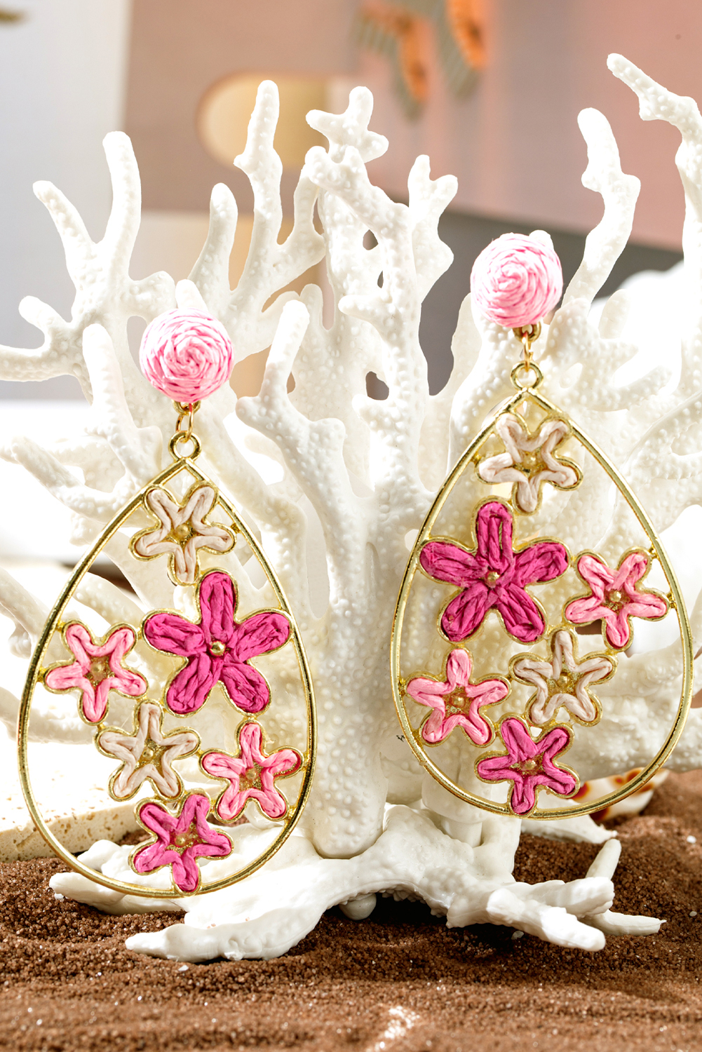 Rose Red Flower Plaited Gold Plated Waterdrop Earrings