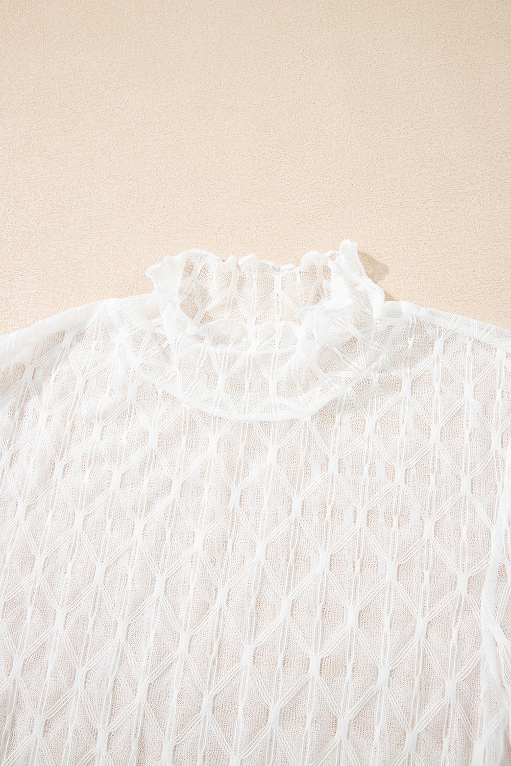 Coffee Sheer Mesh Patterned Lettuce Trim Slim Long Sleeve Top