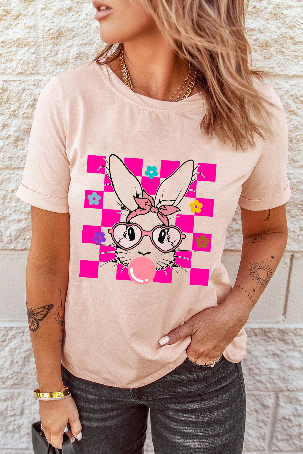 White Rabbit Bow Knot Print Crew Neck T Shirt