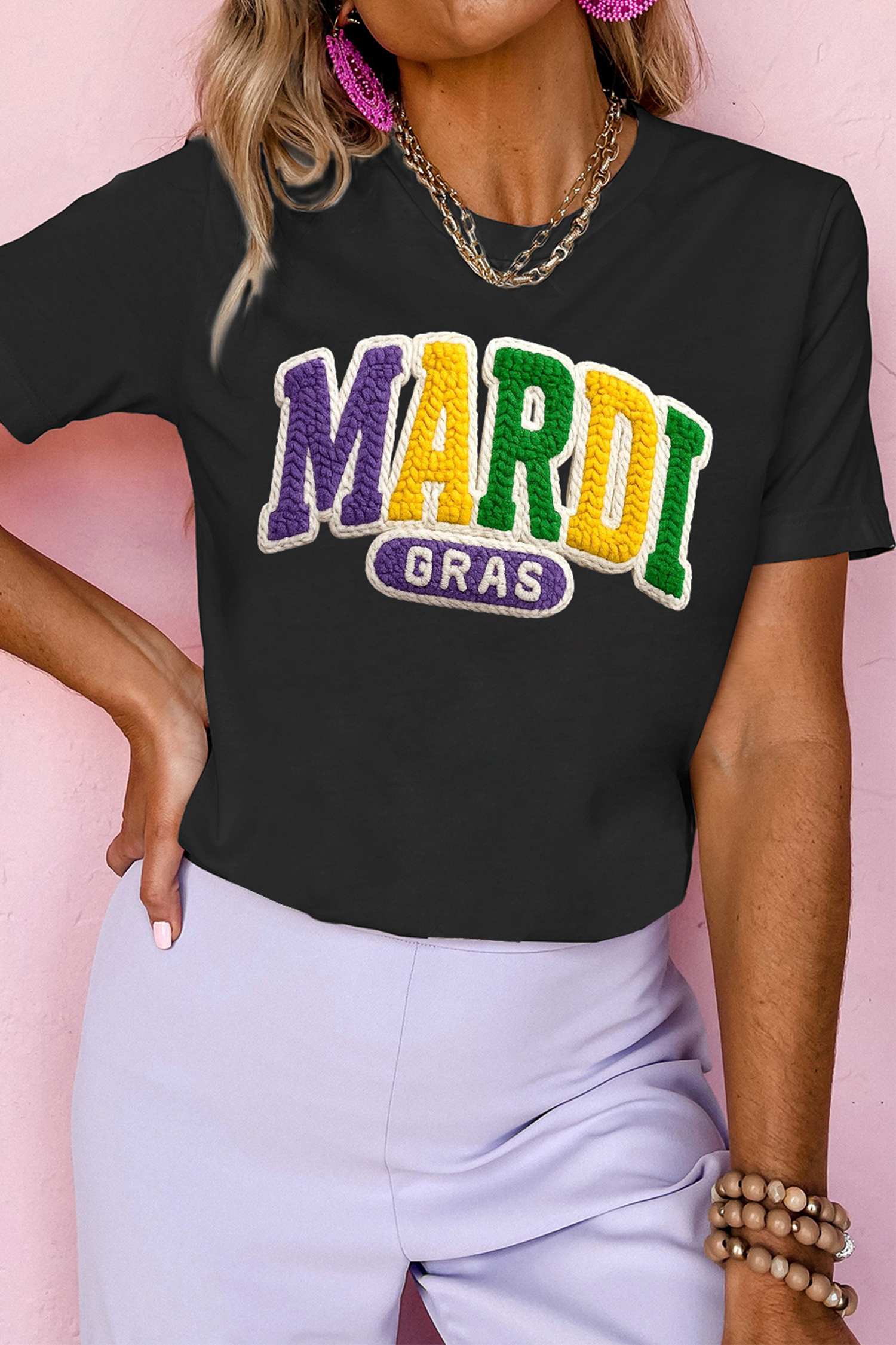 Black MARDI GRAS Faux Yarn Letter Graphic T Shirt