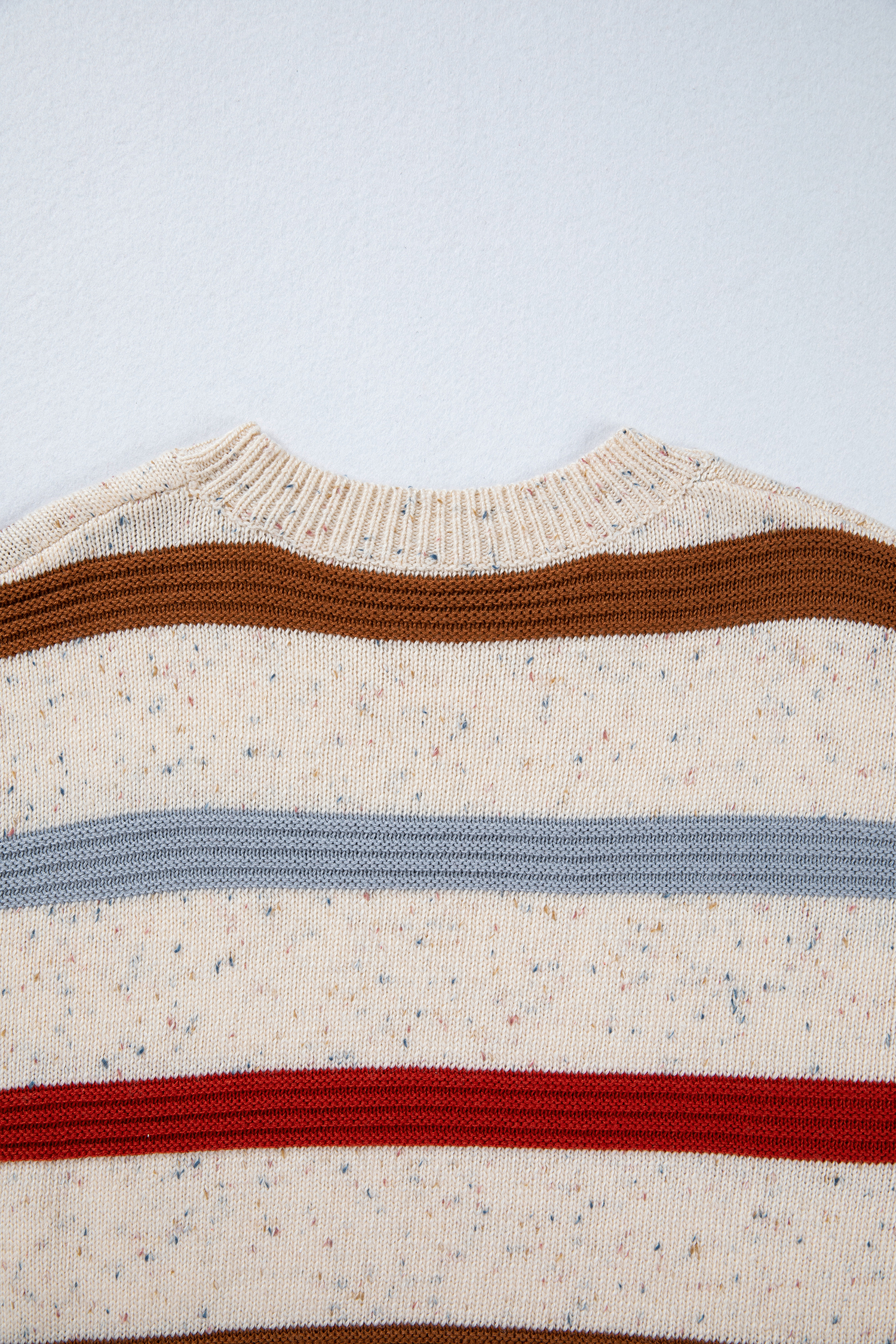 Beige Stripe Exposed Seam Drop Shoulder Heathered Knit Sweater