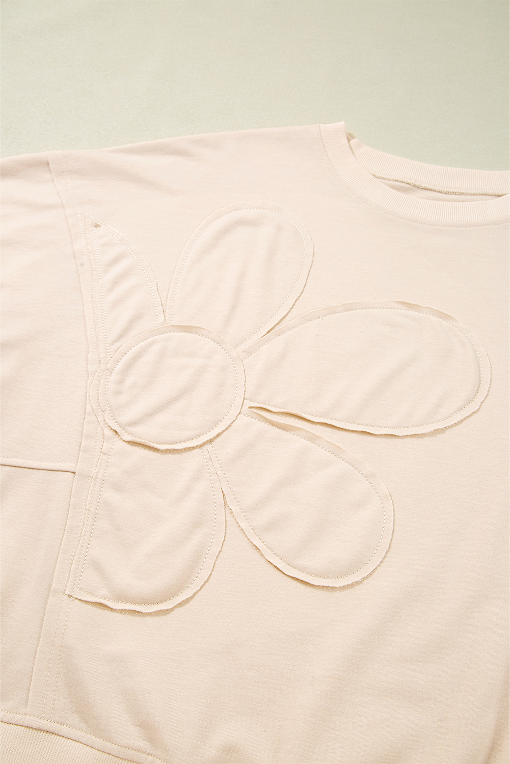 Beige Raw Edge Flower Patch Drop Shoulder Casual Top