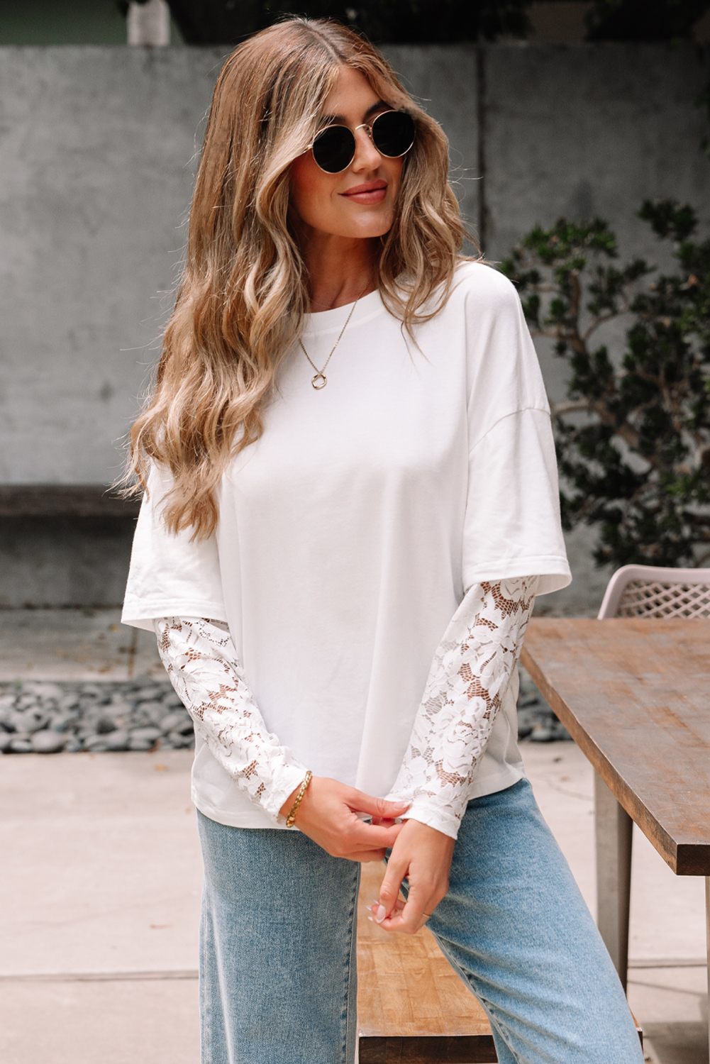 Black Lace Long Sleeve Insert Drop Shoulder Tee