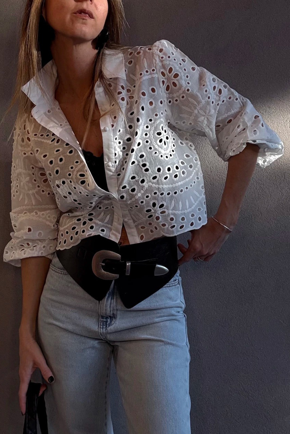 White Eyelet Embroidered Puff Sleeve Crop Shirt