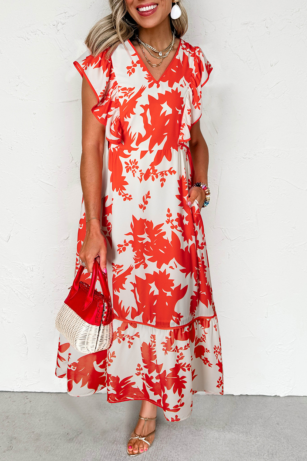 Red Floral Print Trimmed V Neck Ruffle Sleeve Long Dress