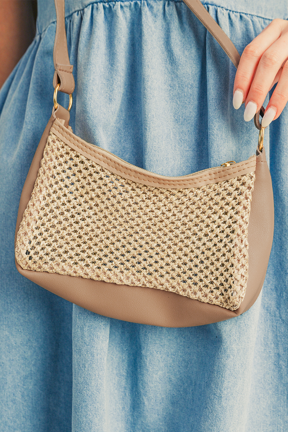 Khaki Straw Woven PU Leather Patchwork Shoulder Bag