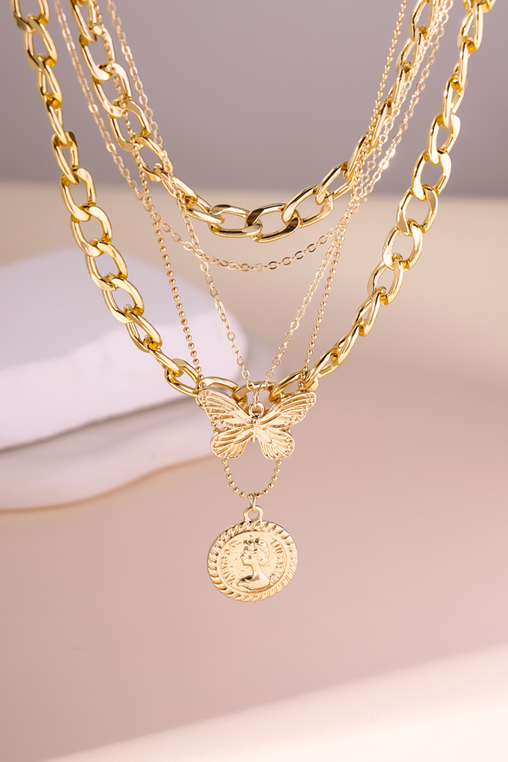 Gold Plated Alloy Multilayer Butterfly Charm Necklace