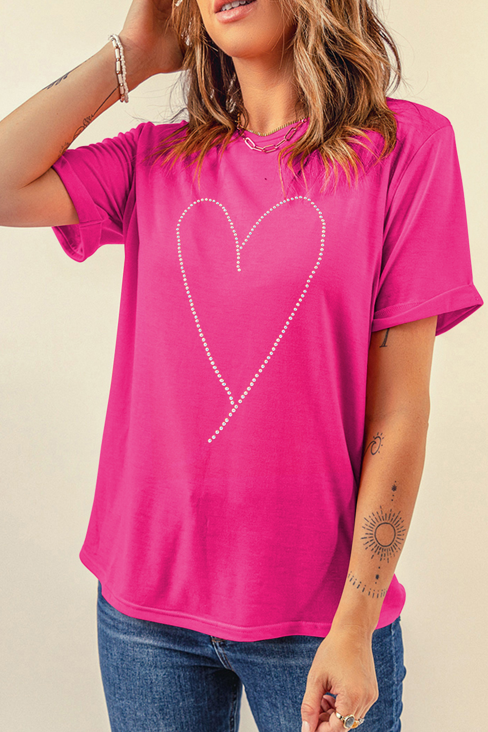 Rose Red Rhinestone Heart Graphic Crew Neck Valentines Tee