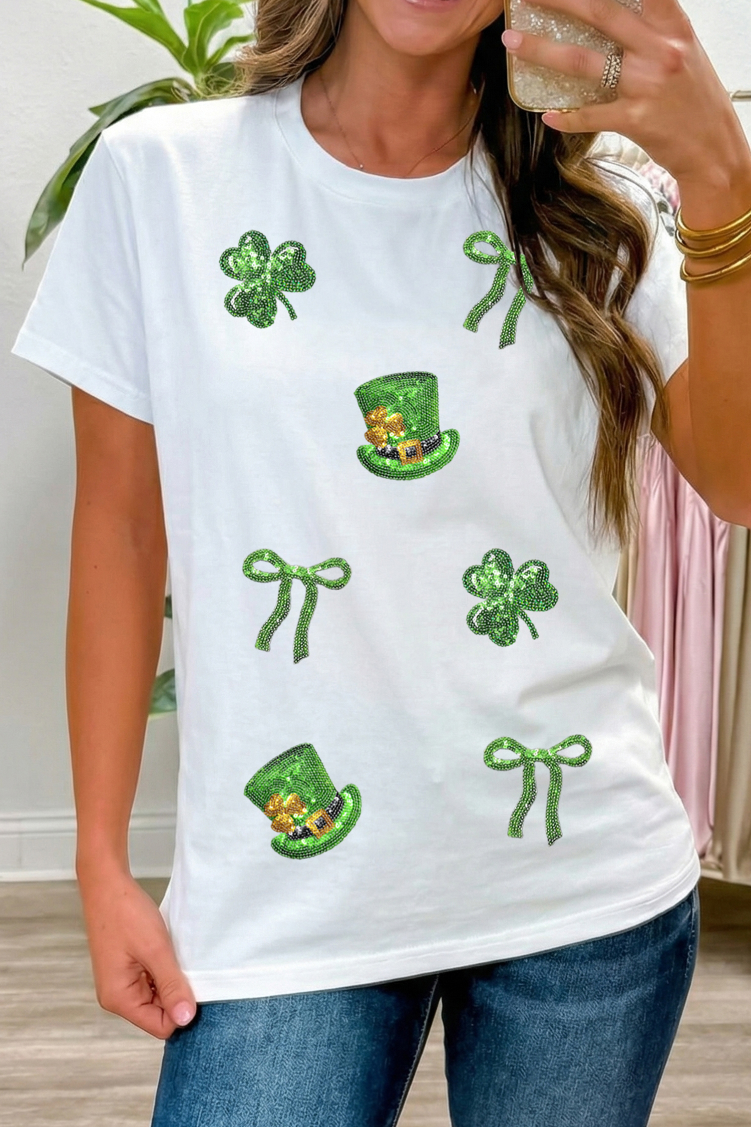 White Coquette St Patricks Day Sequin Graphic T Shirt