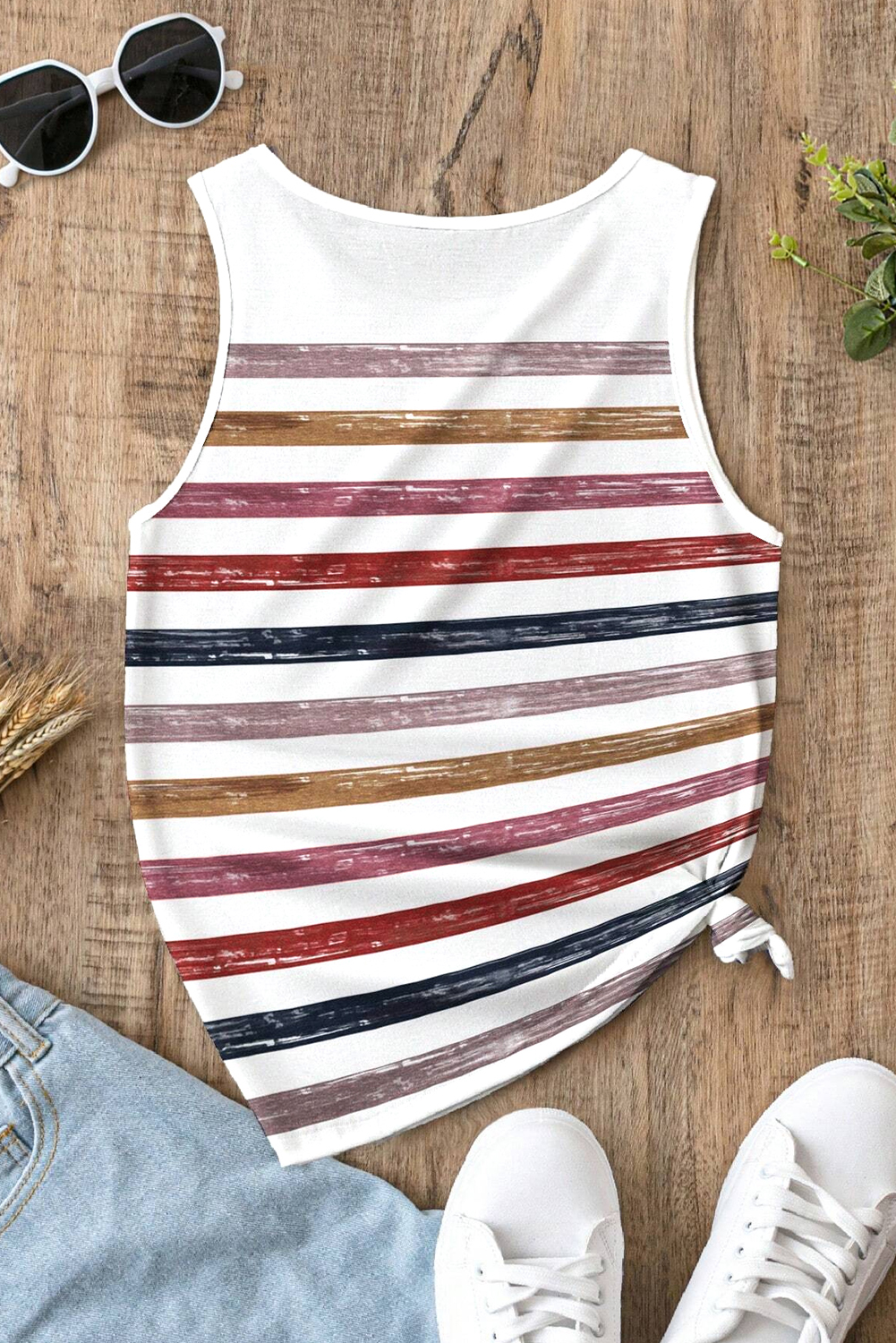 Red Stripe Rainbow Round Neck Tank Top