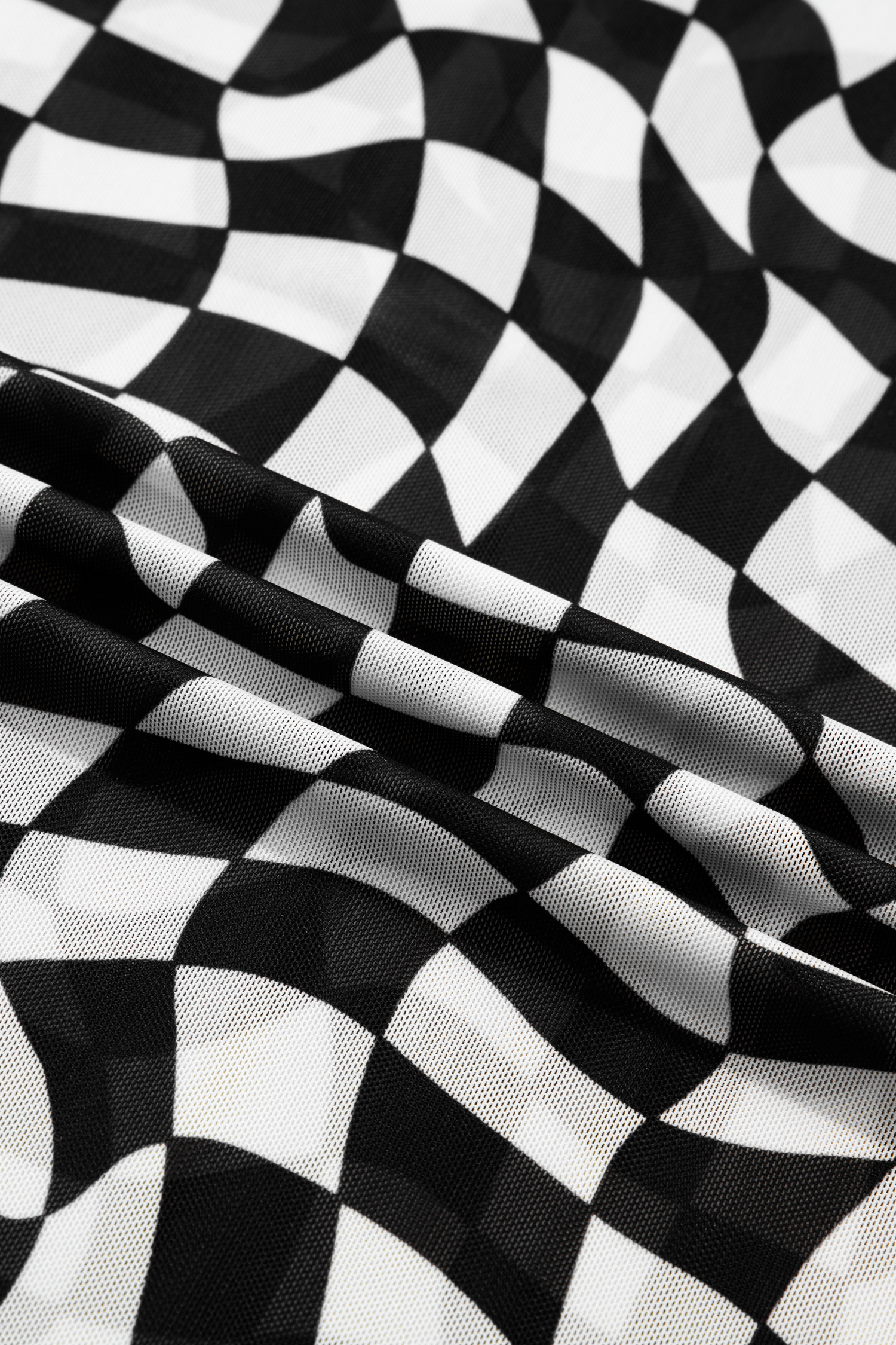 Purple Checkered Print Mock Neck Mesh T Shirt