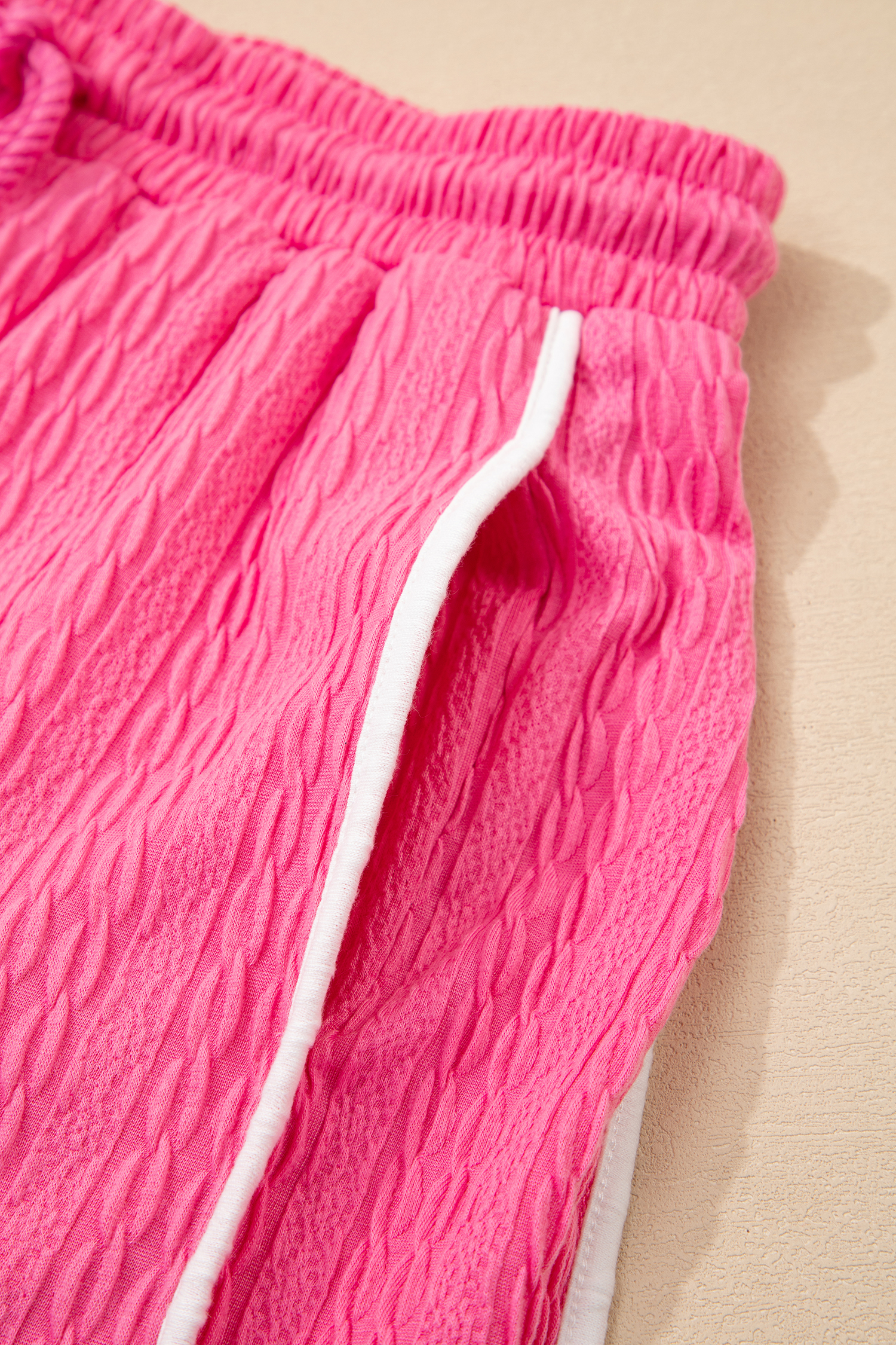 Bright Pink Textured Color Block Trim Loose Tee Drawstring Shorts 2pcs Set