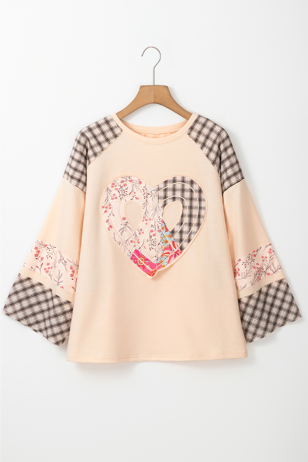 Beige Flower Patch Graphic Exposed Seam Wide Sleeve Top