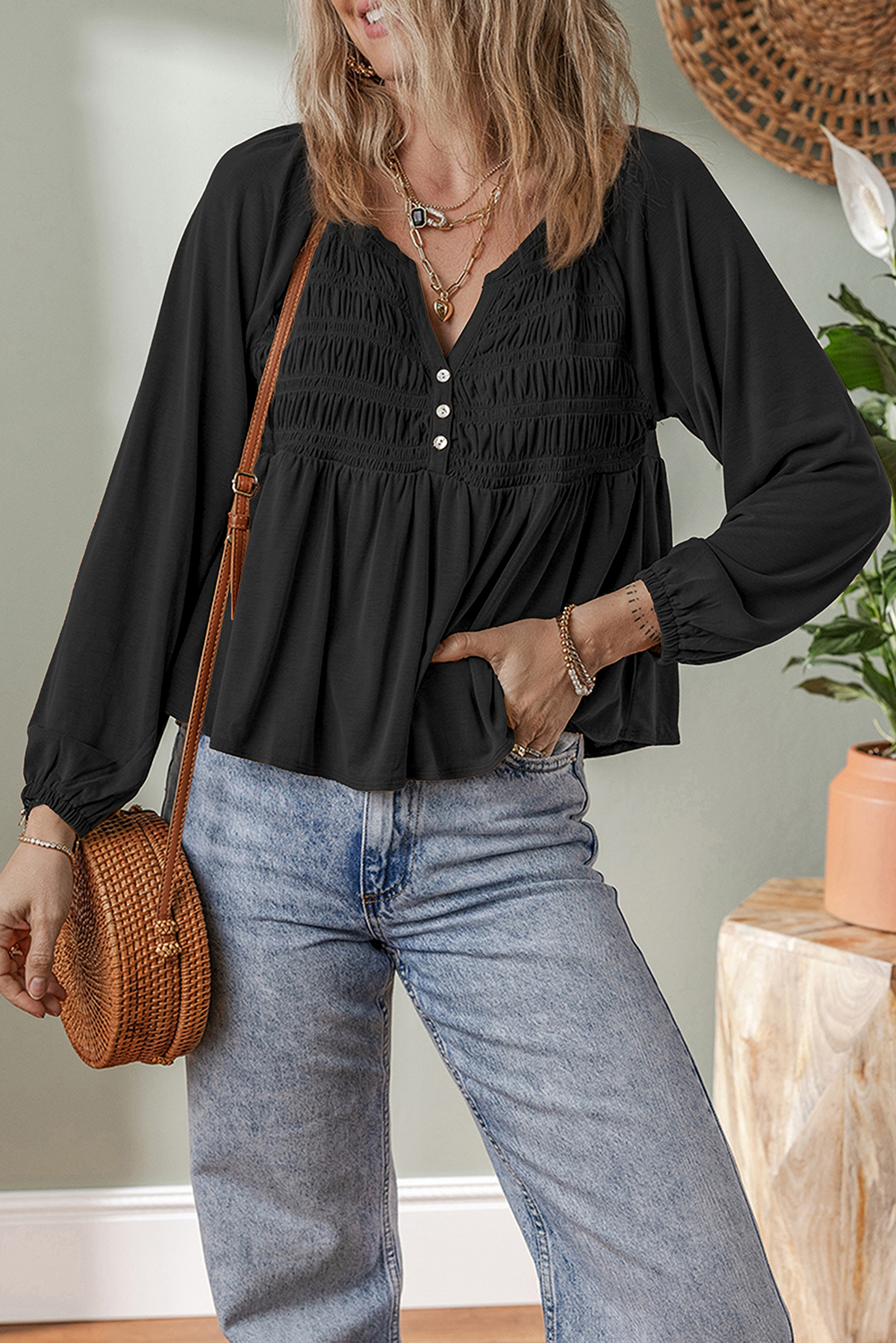 Black Smocked Bust Buttoned Split V Neck Flow Fit Blouse
