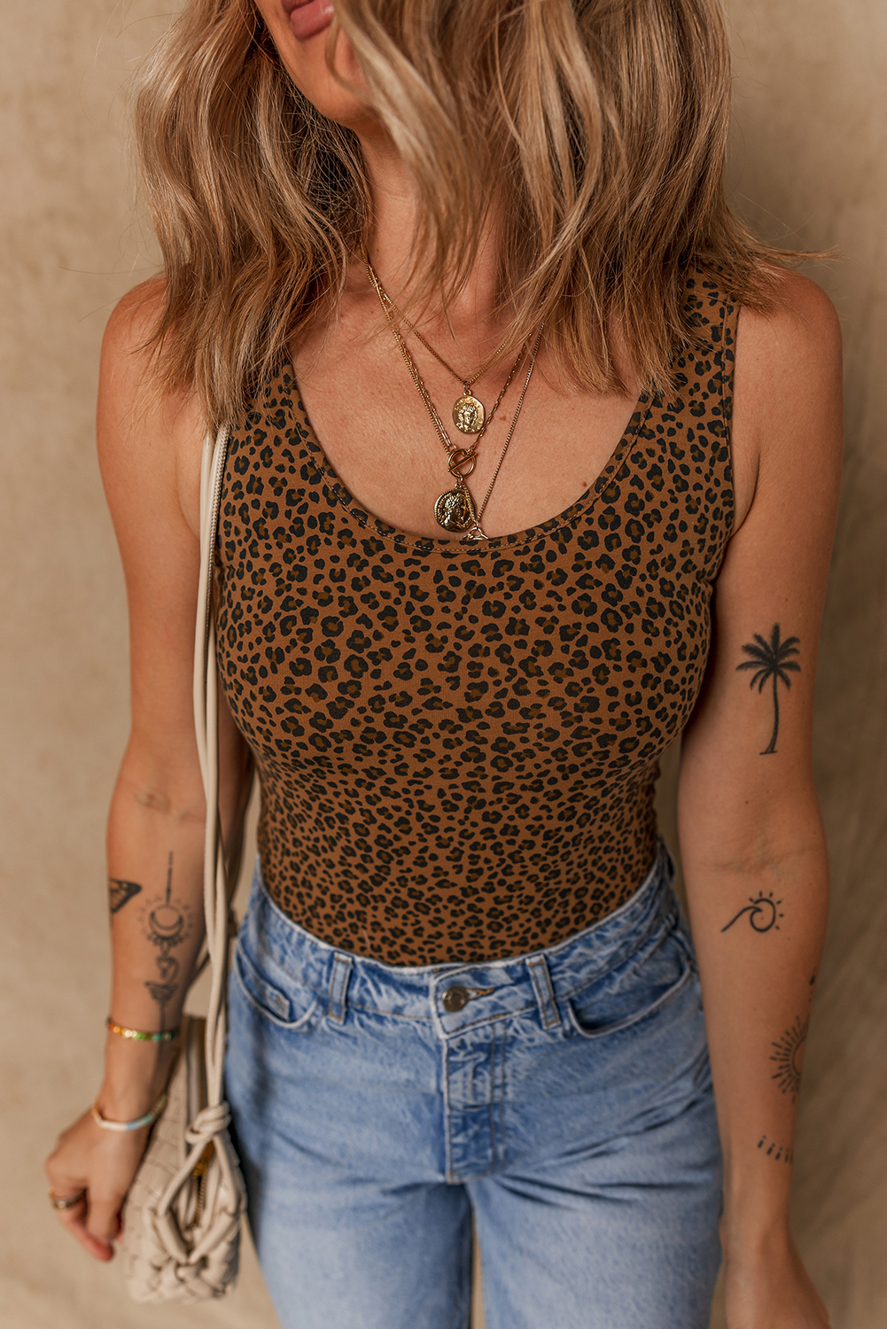 Brown Leopard Printed Sleeveless Scoop Neck Bodysuit