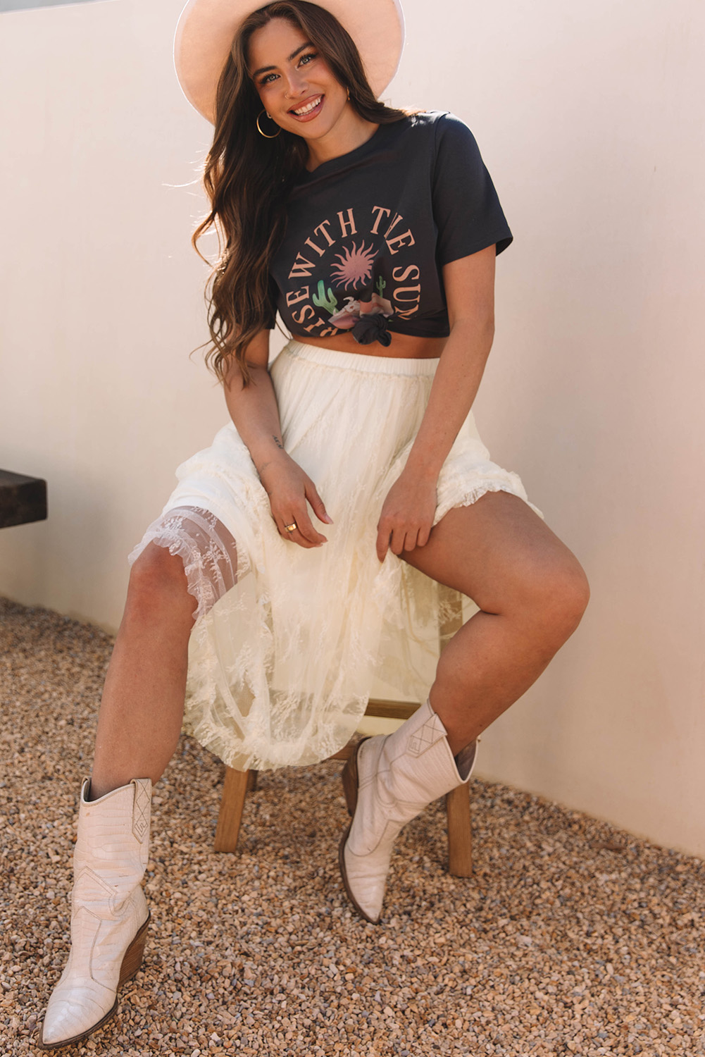 Apricot Lace Cascading Tiered High Waist Maxi Skirt