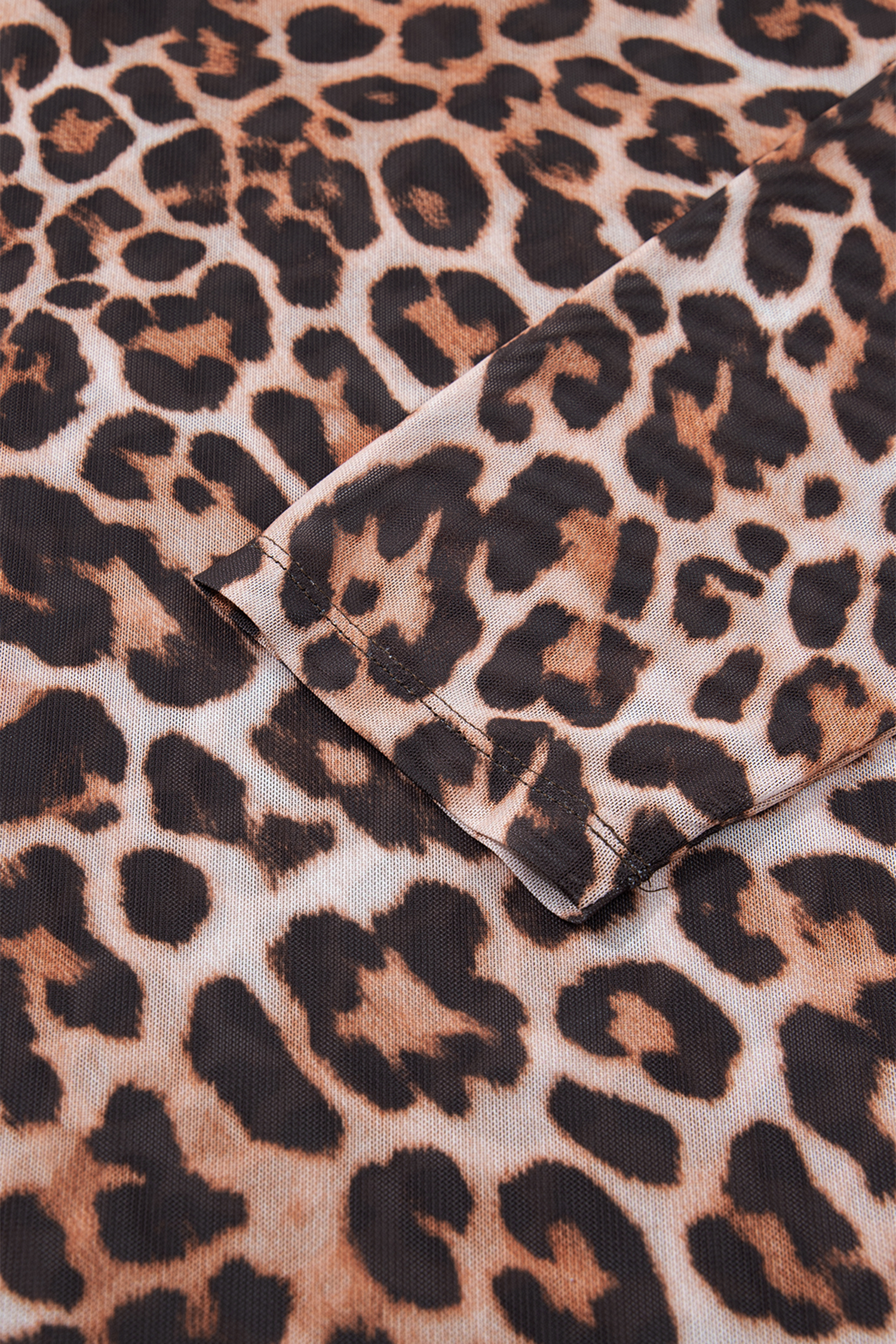 Brown Leopard Mock Neck Long Sleeve Mesh Top