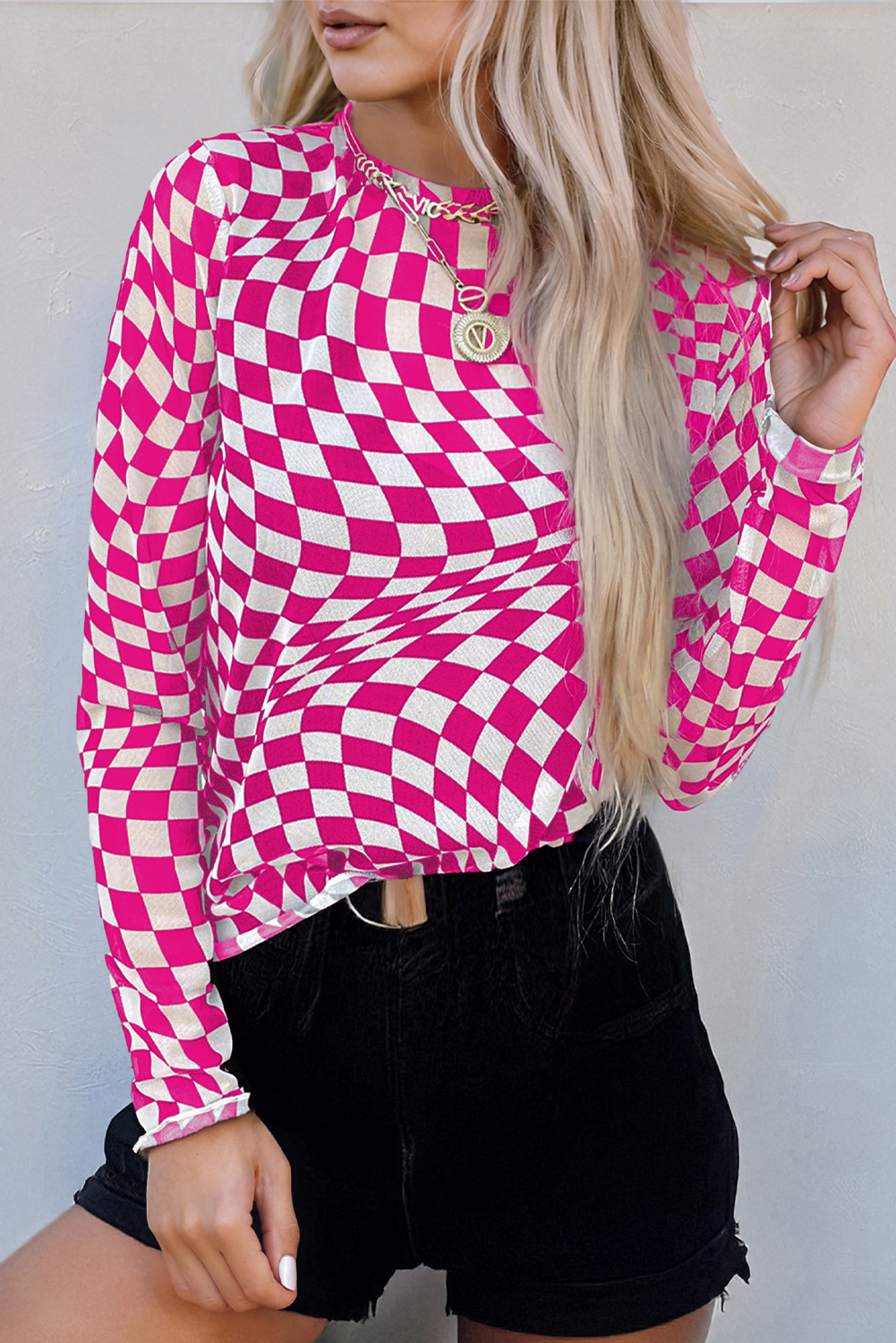 Khaki Checkered Pattern Mesh Mock Neck Long Sleeve Top