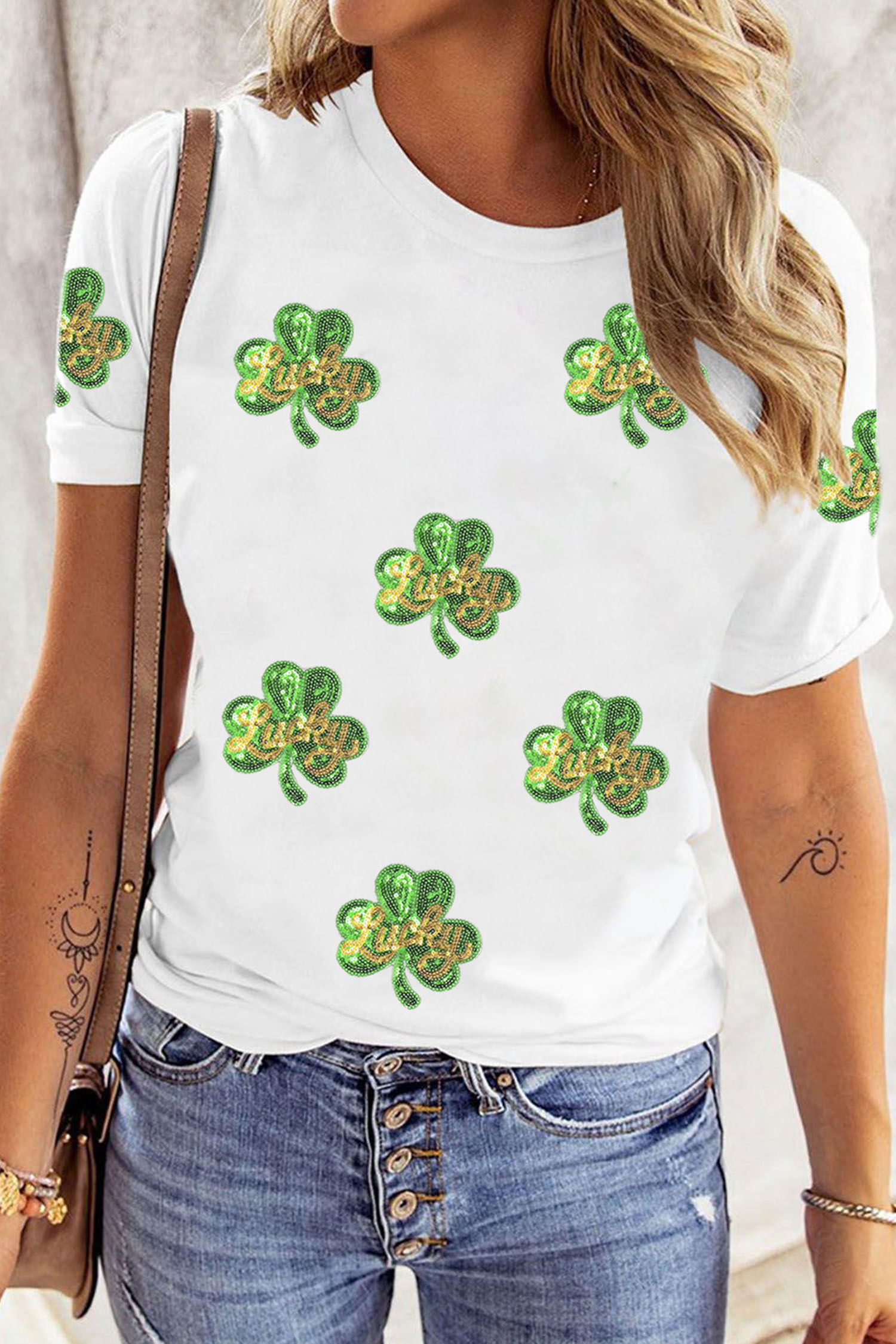 White Sequin Lucky Clover Patched Casual Round Neck Tee