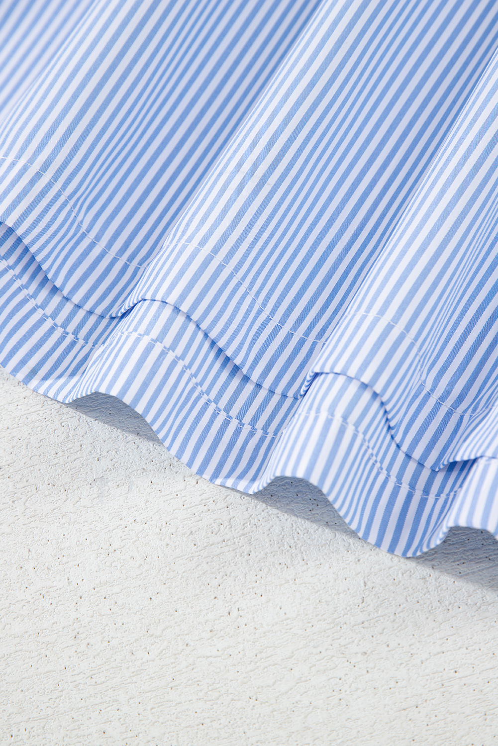 Sky Blue Stripe Ruffled Collar Puff Sleeve Half Buttons Blouse