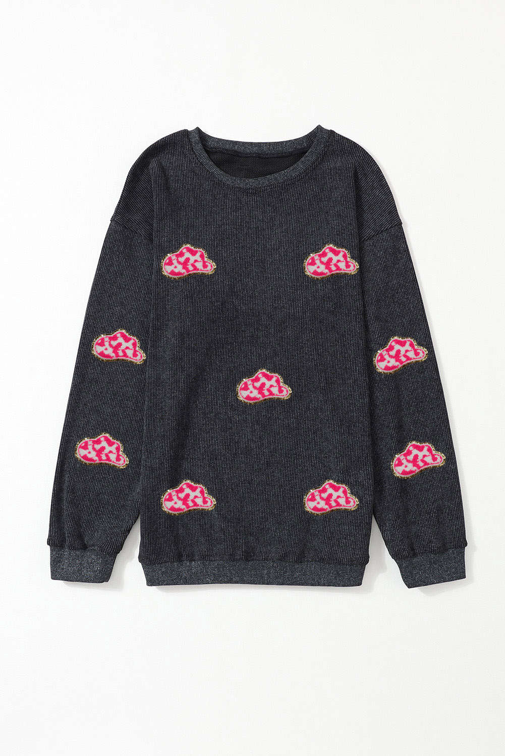 Pink Solid Ribbed Knit Round Neck Pullover Sweatshirt