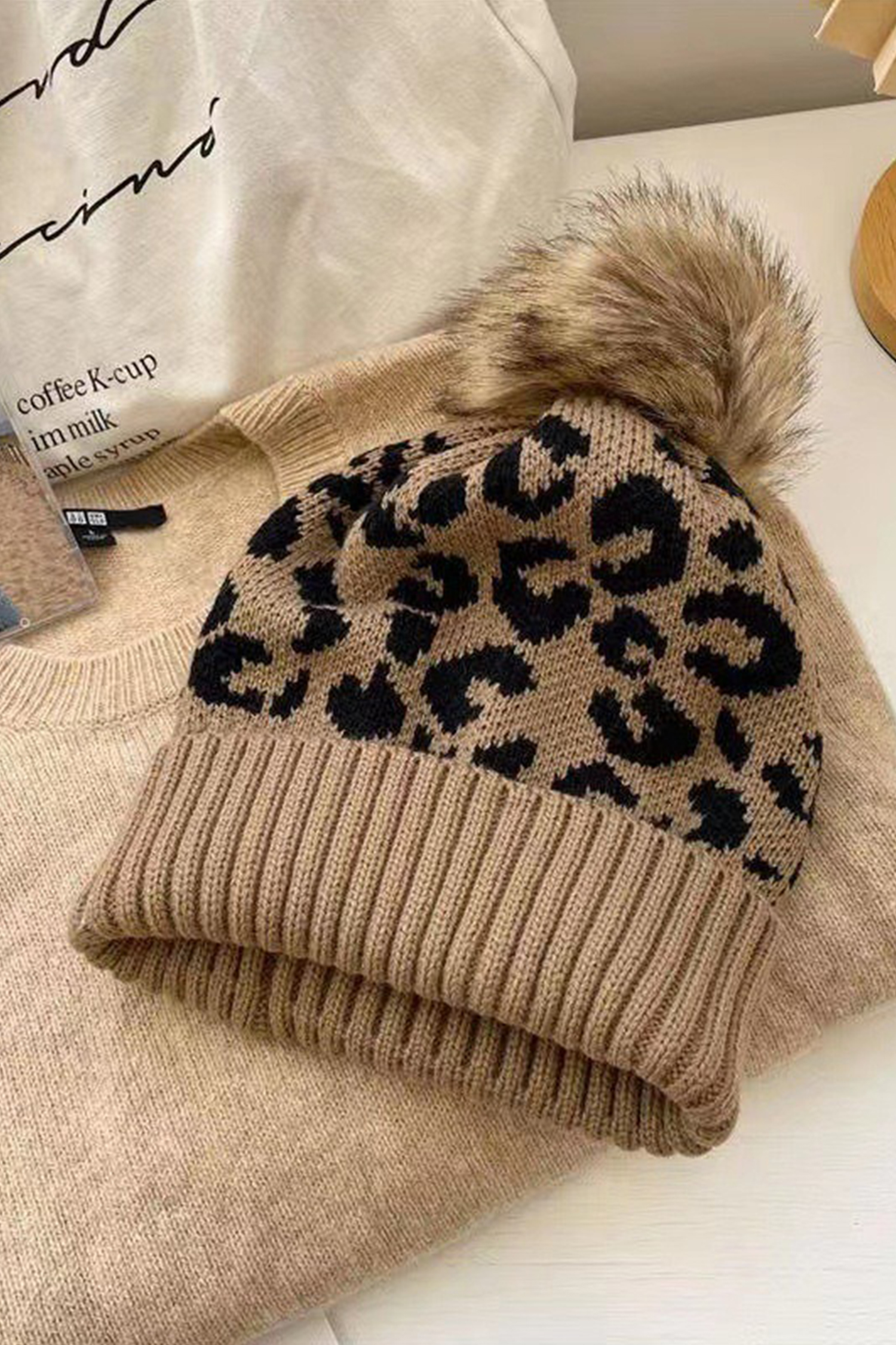 Light French Beige Faux Fur Pompom Leopard Knit Beanie