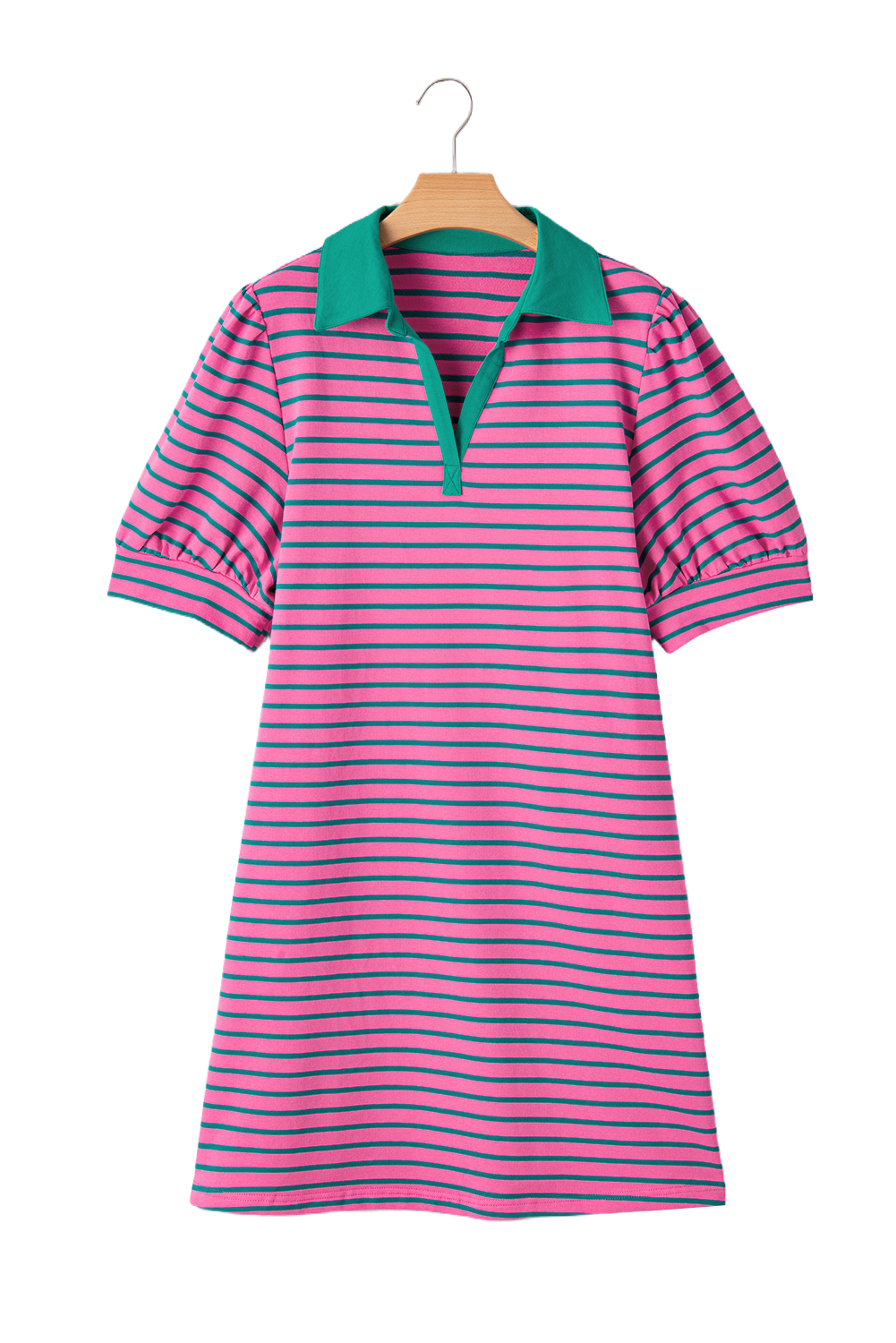 Pink Stripe Collared V Neck Puff Sleeve T Shirt Dress