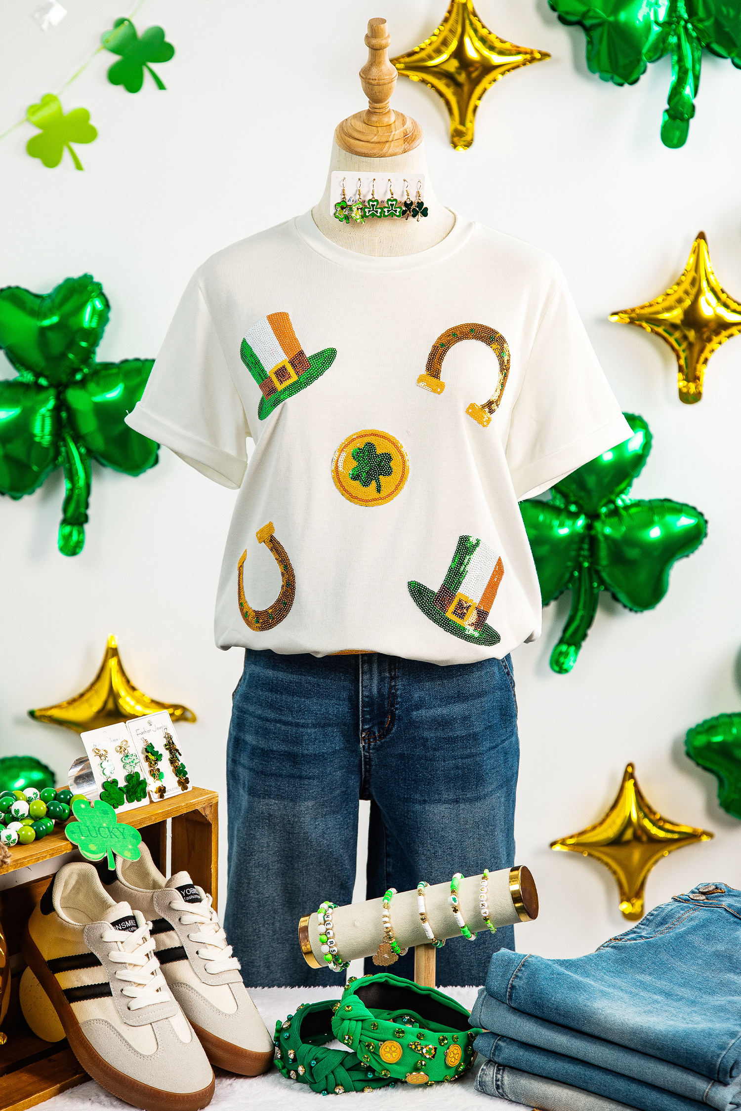 White St Patricks Day Sequin Graphic Casual T Shirt