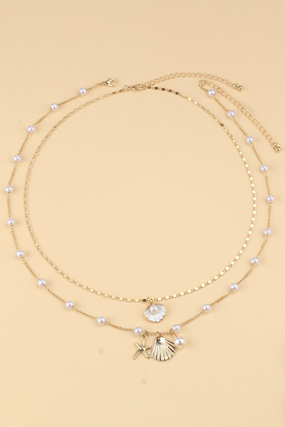 Gold Starfish Shell Pearl Dual Chain Necklace