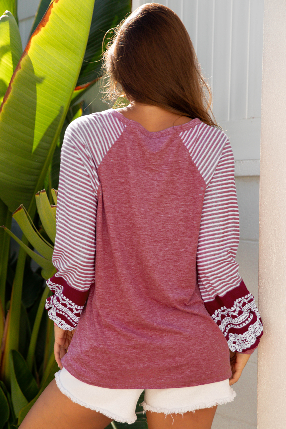 Tillandsia Purple Contrast Print Striped Raglan Long Sleeve Loose Top