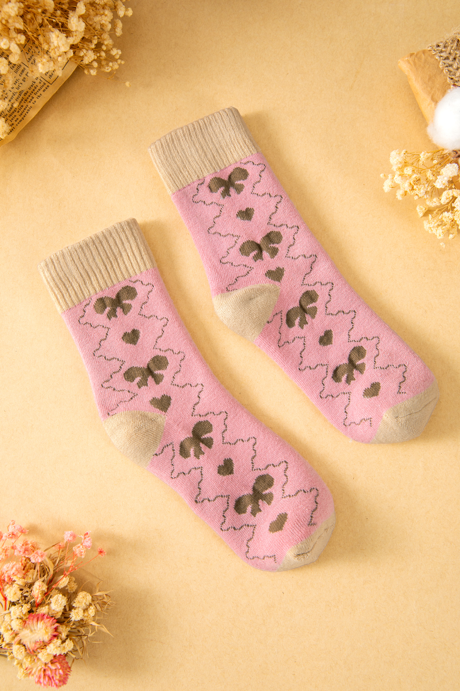 Pink Geometric Bow Heart Printed Ribbed Cuffs Winter Socks