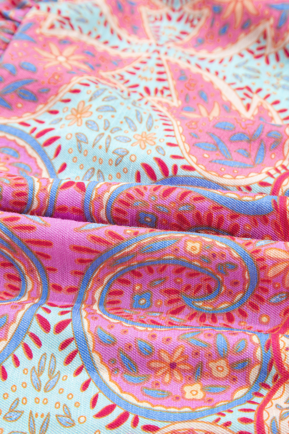 Rose Tribal Paisley Print Ruffled Sleeve Notch Neck Midi Dress