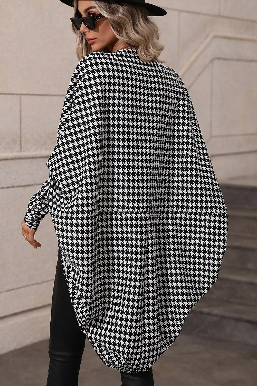 Black Houndstooth Print Open Front Long Dolman Kimonos