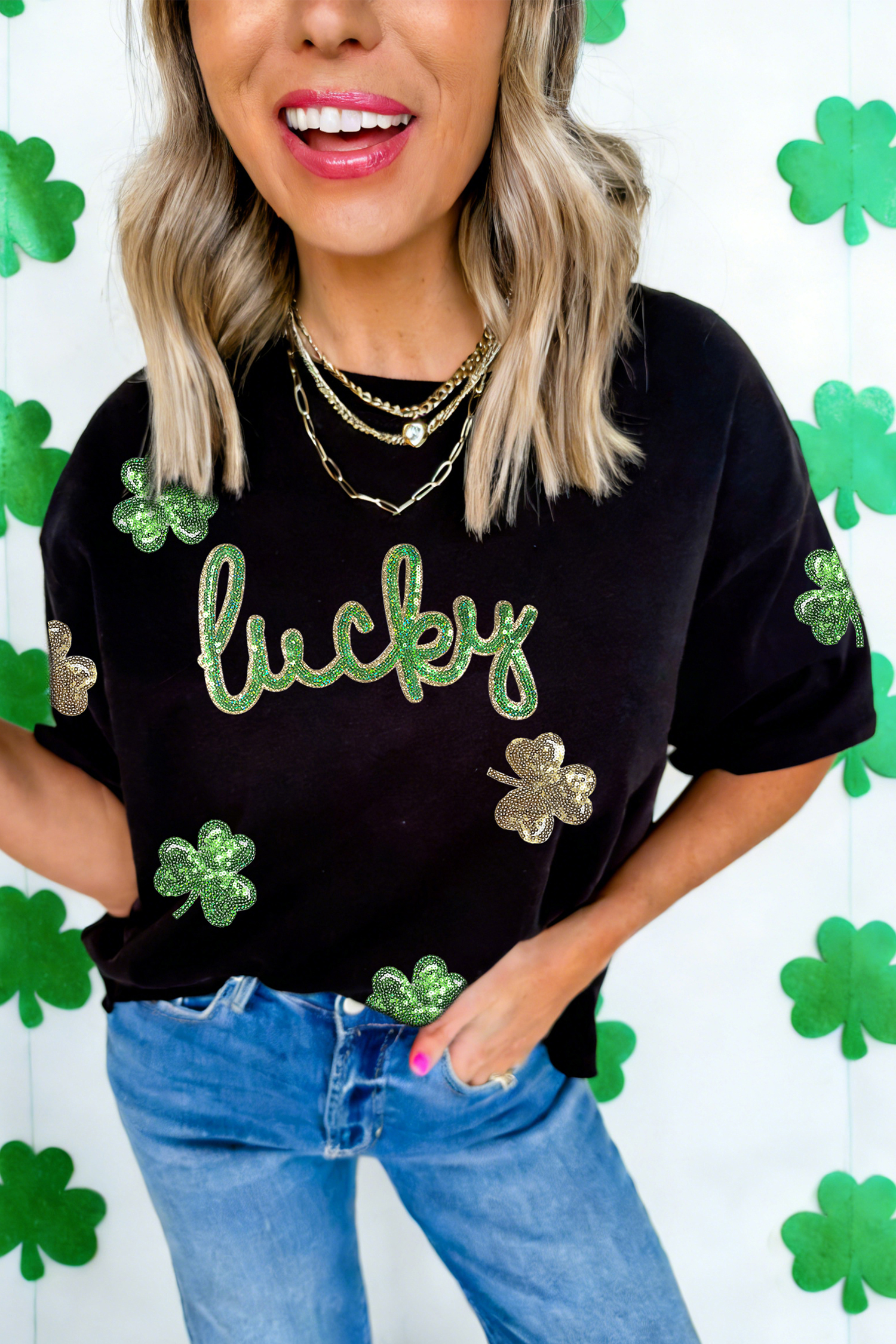 Black Lucky Sequin Shamrock Irish Festive Graphic Tee