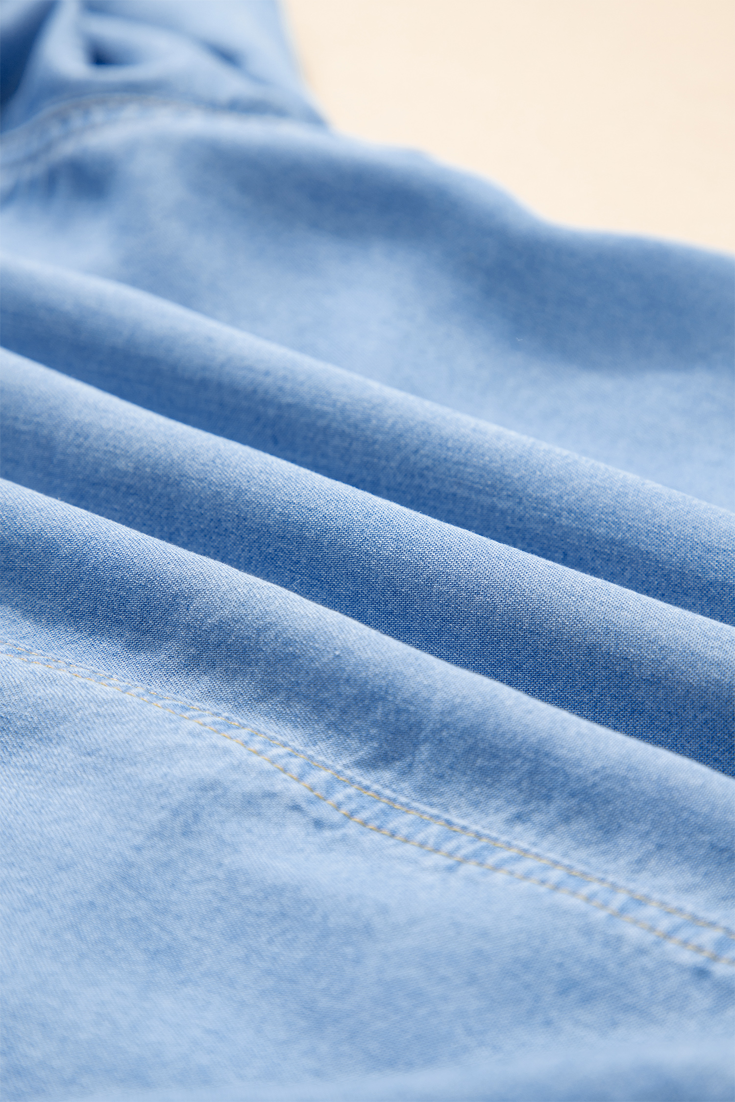 Beau Blue Half Sleeve Button Down Ruffled High Low Chambray Shirt