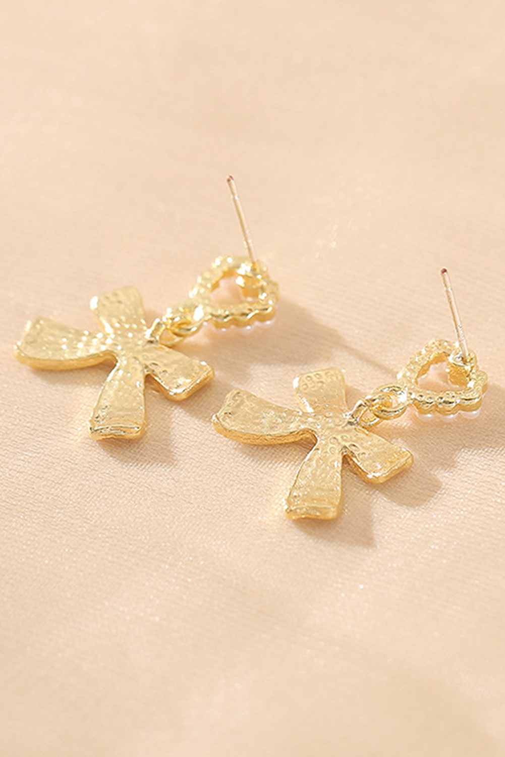 Gold Pearled Heart Shape Bow Knot Dangle Earrings