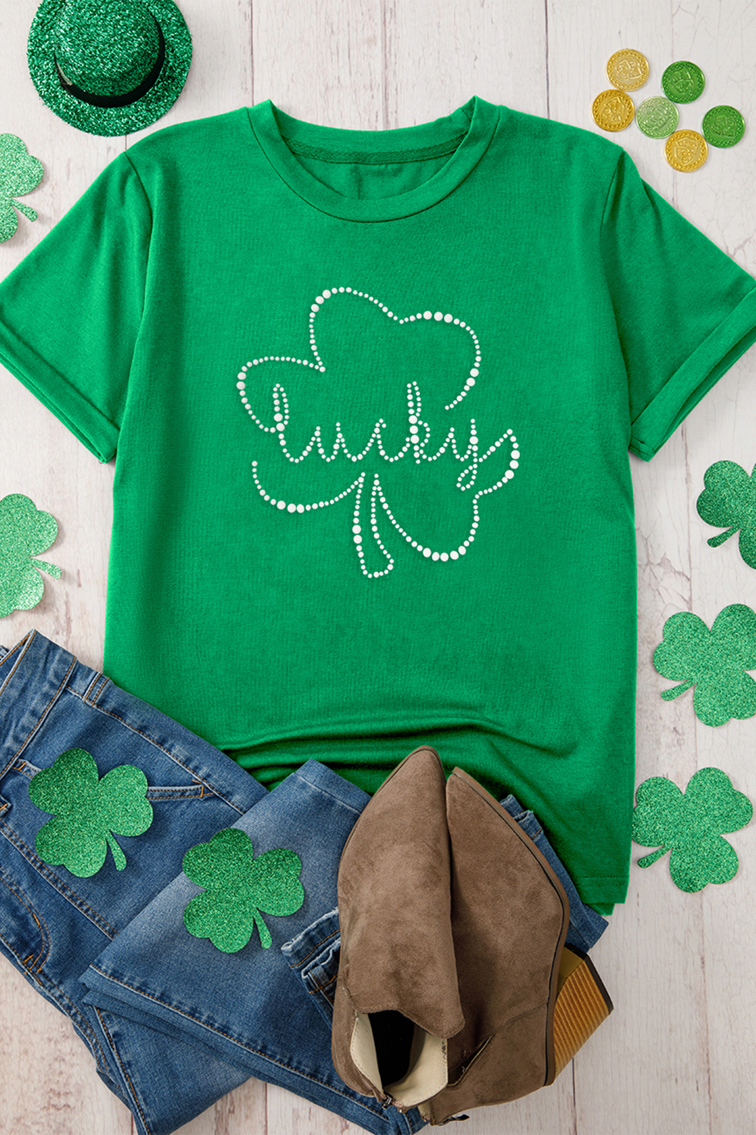 Bright Green Ceramic Rhinestone Lucky Clover Relaxed Round Neck Tee