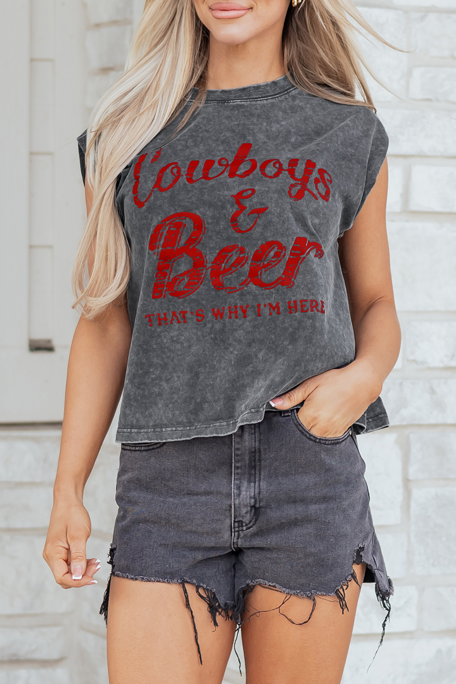 Smoke Gray Cowboy & Beer Western Graphic Mineral Wash Tank Top