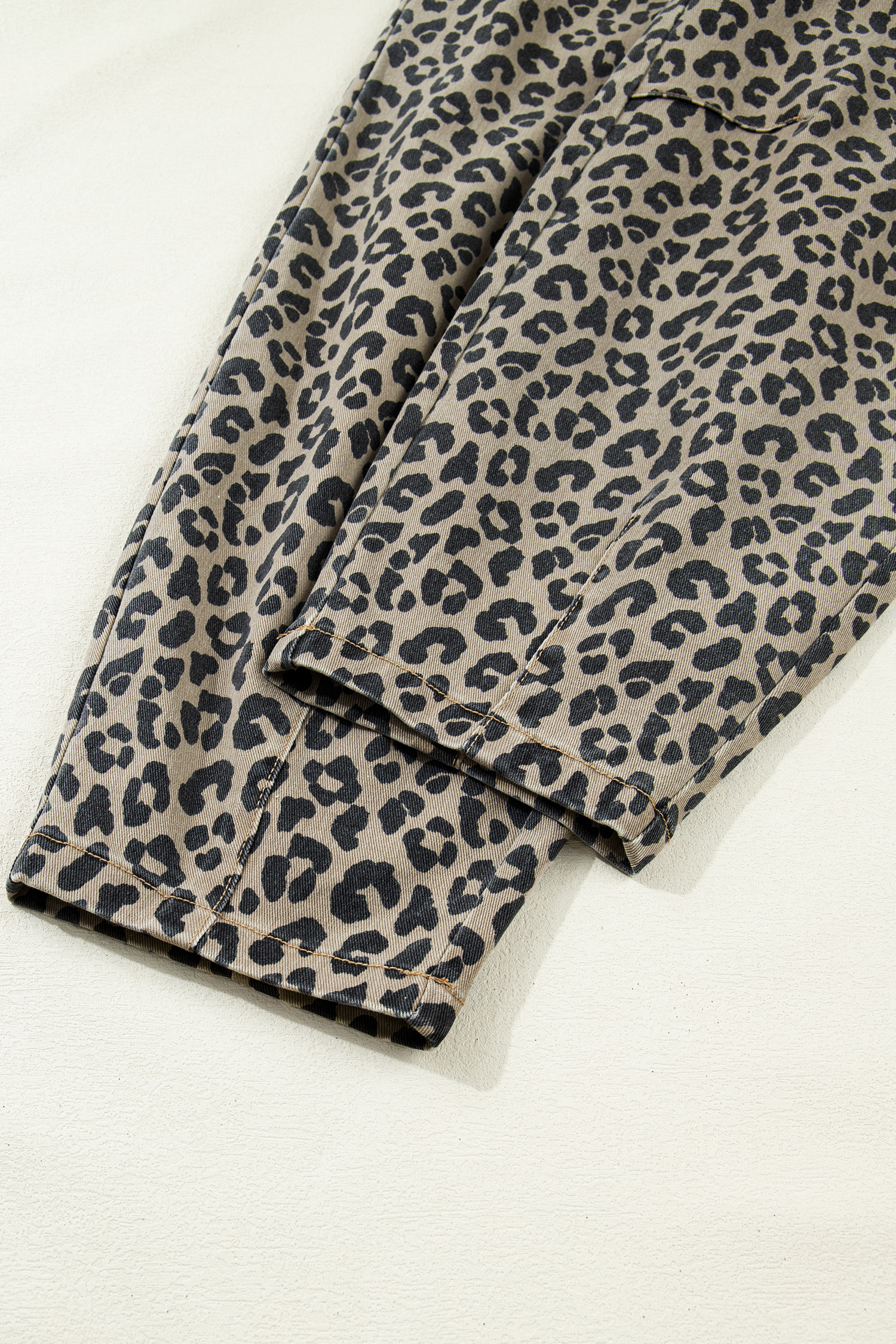 Khaki Leopard Print Drawstring Elastic Waist Loose Denim Pants with Pockets