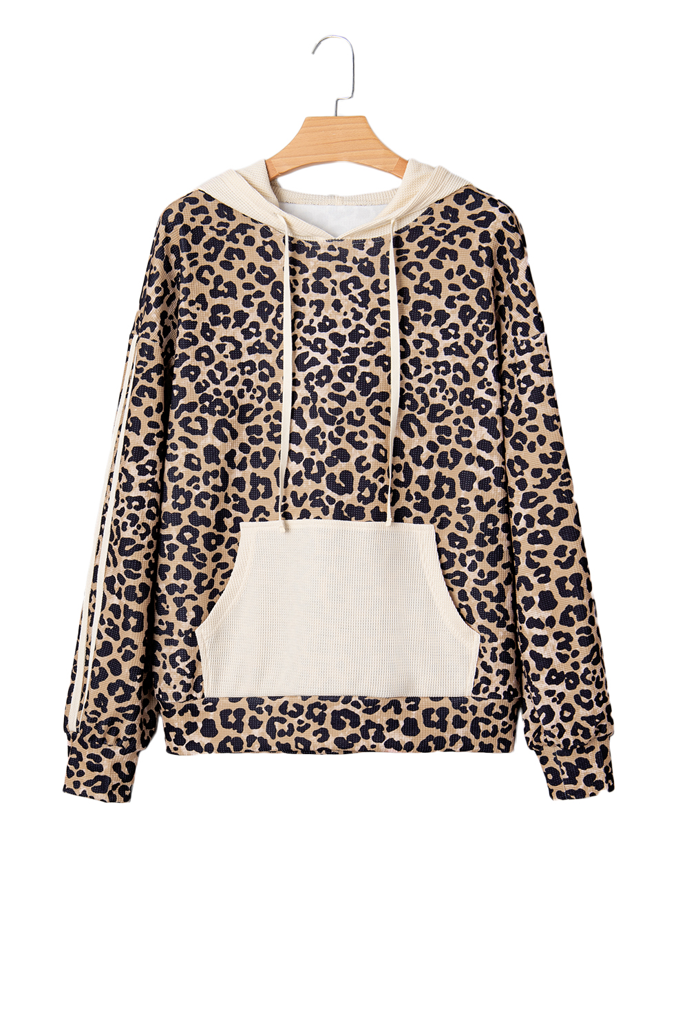 Leopard Print Waffle Contrast Kangaroo Pocket Hooded Sweatshirt