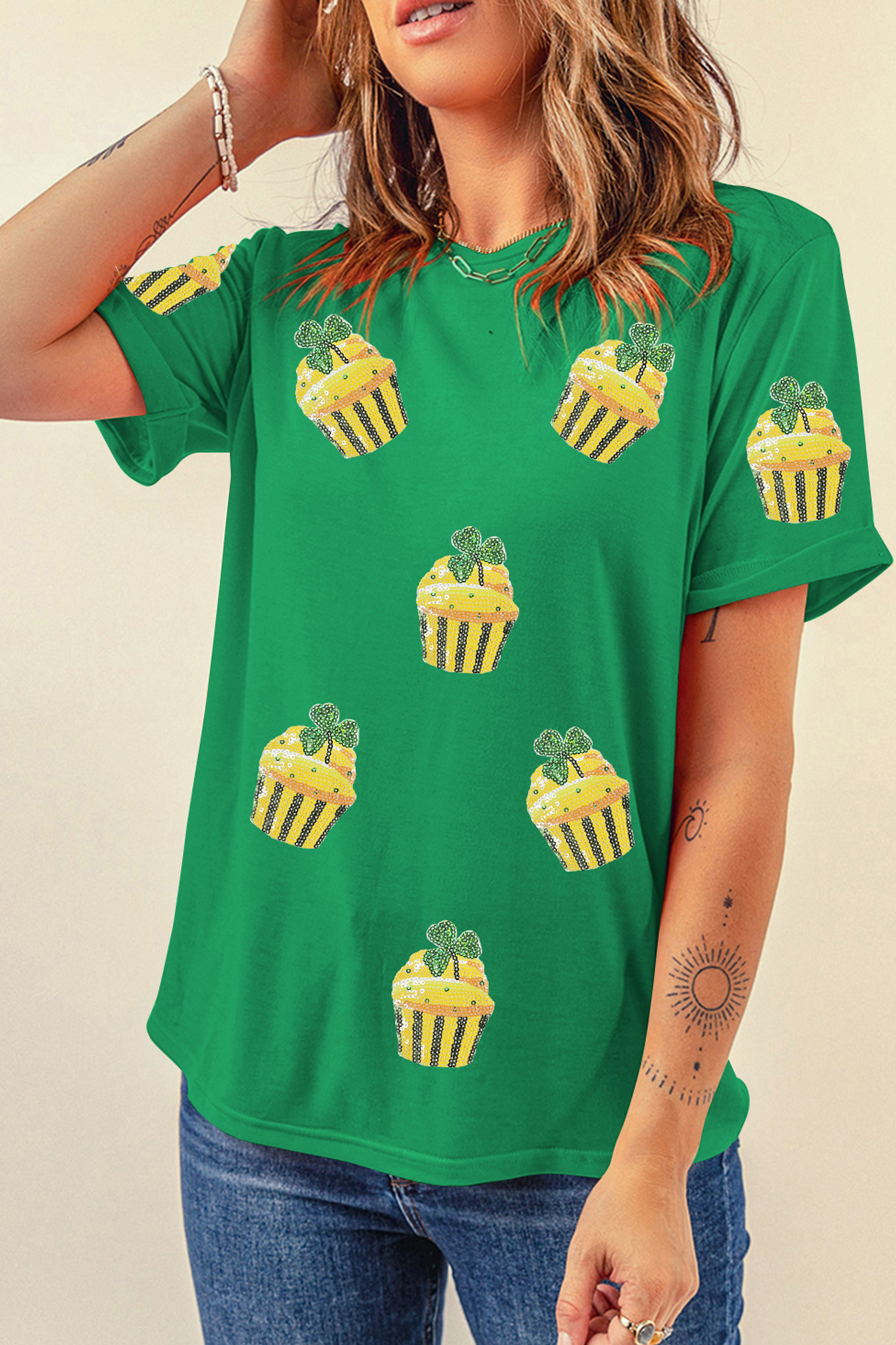 Bright Green St Patricks Day Sequin Cupcake Graphic T Shirt