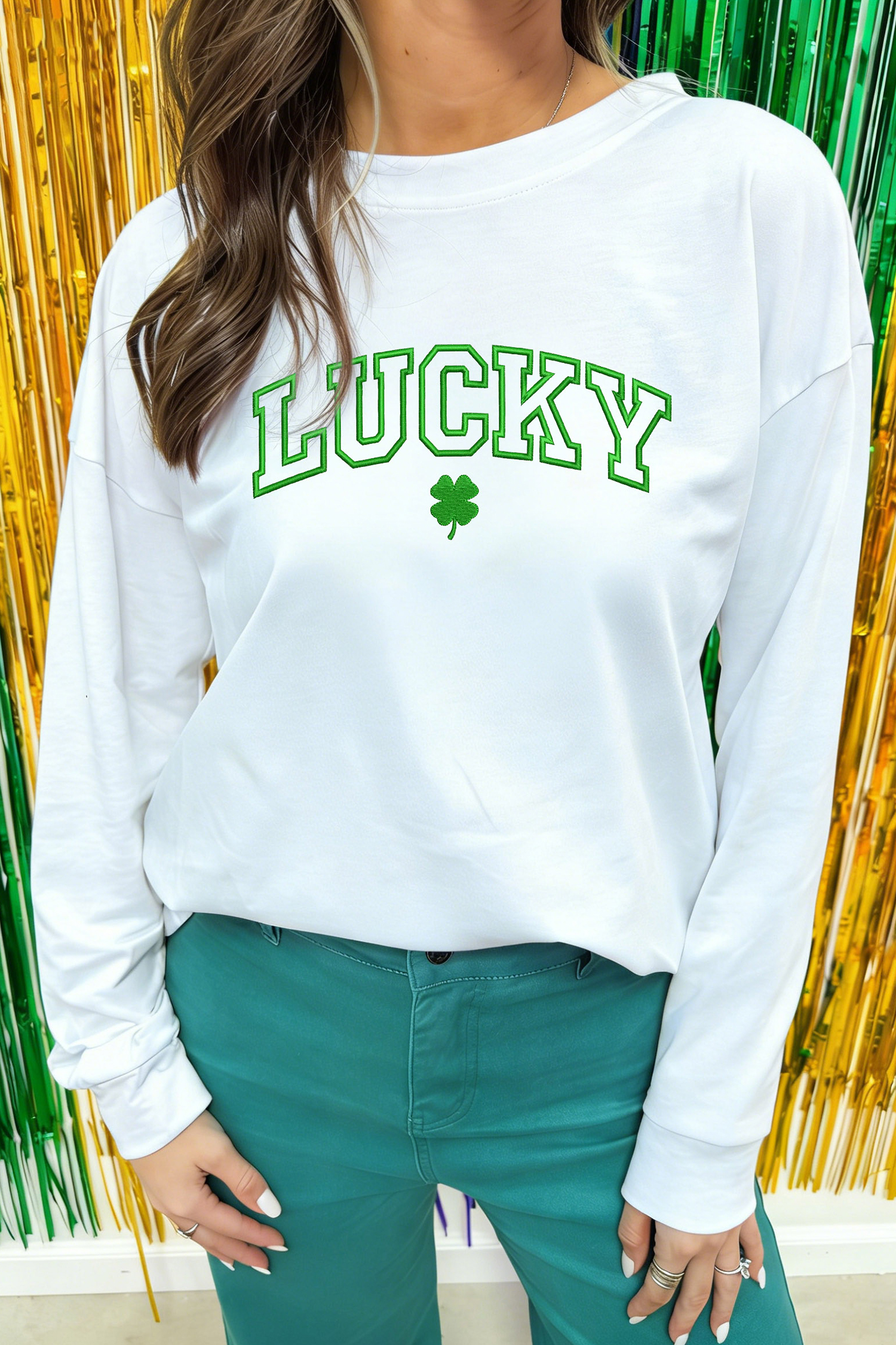 White LUCKY Clover Embroidered Long Sleeve Top