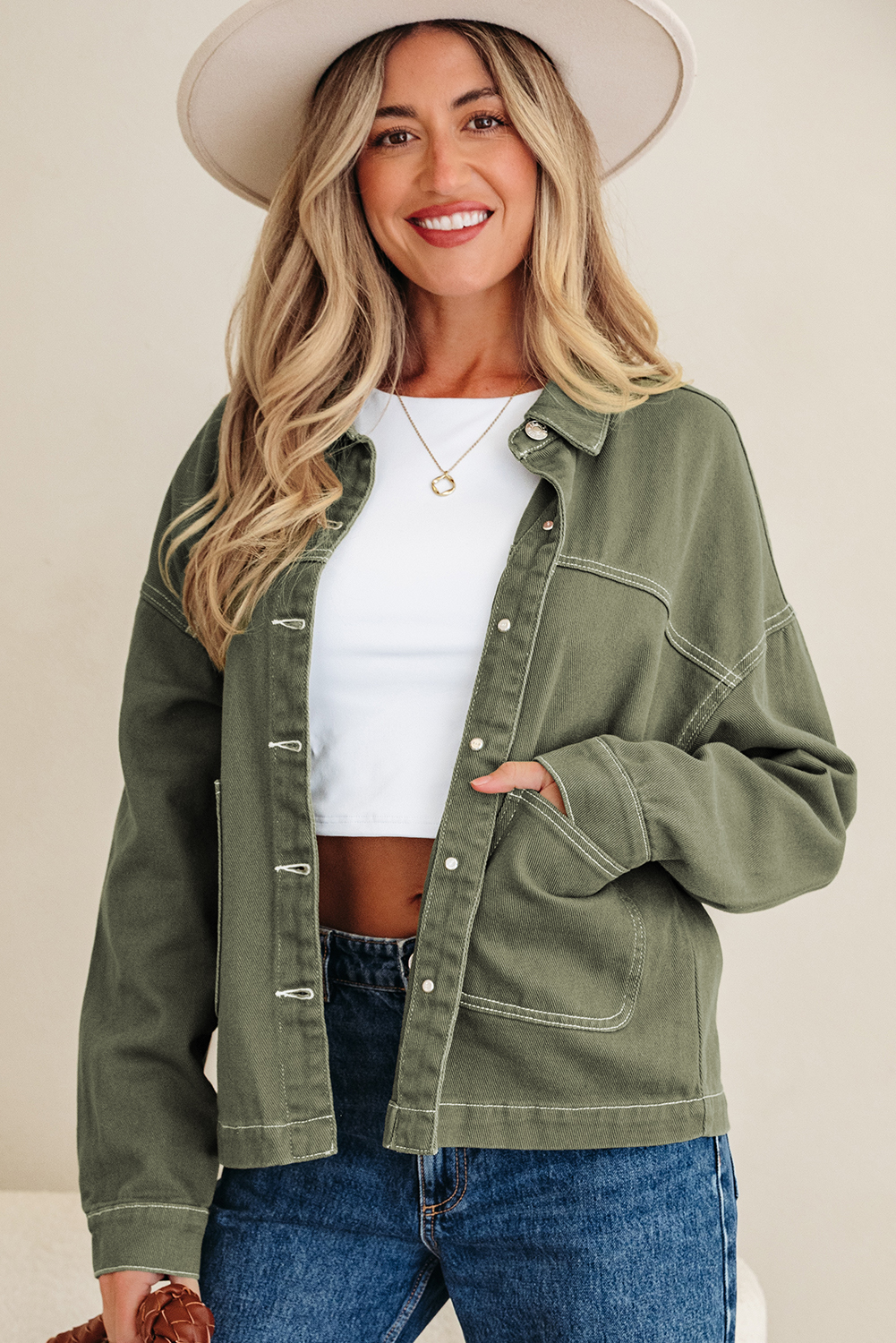 Smoke Green Patched Pocket Collared Button Front Boyfriend Denim Jacket
