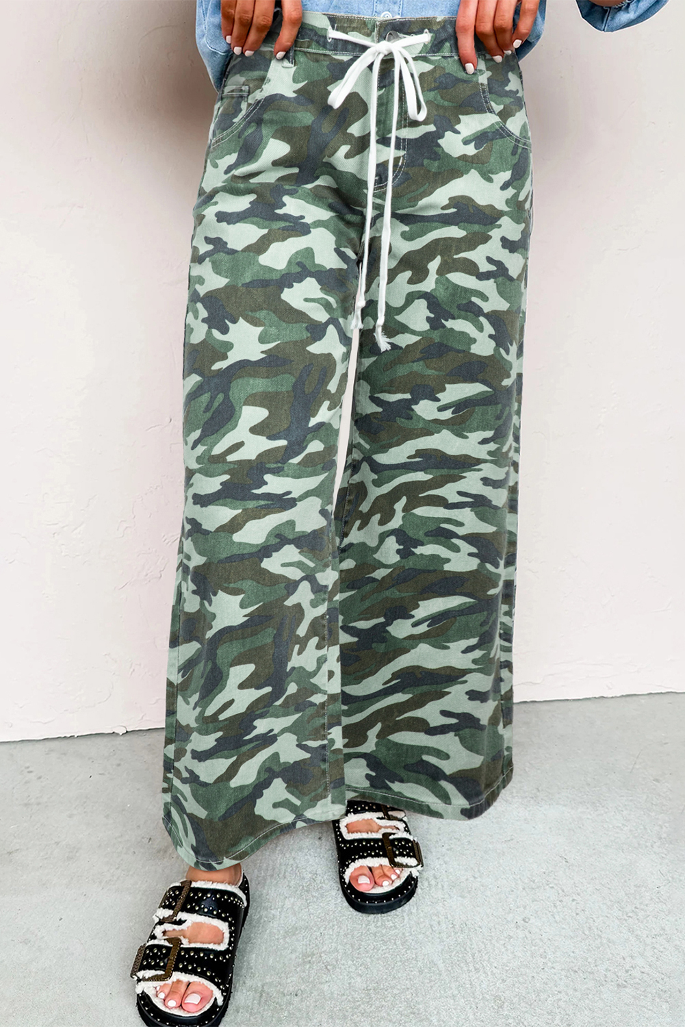 Green Camouflage Print Wide Leg Drawstring Denim Pants