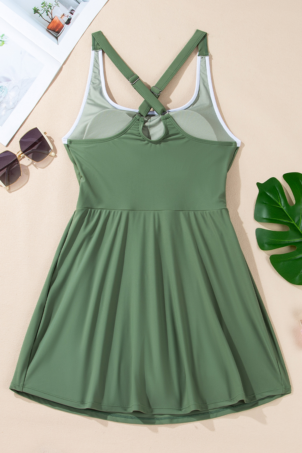 Bright Pink Contrast Edge Ruffled High Waist One Piece Swim Dress