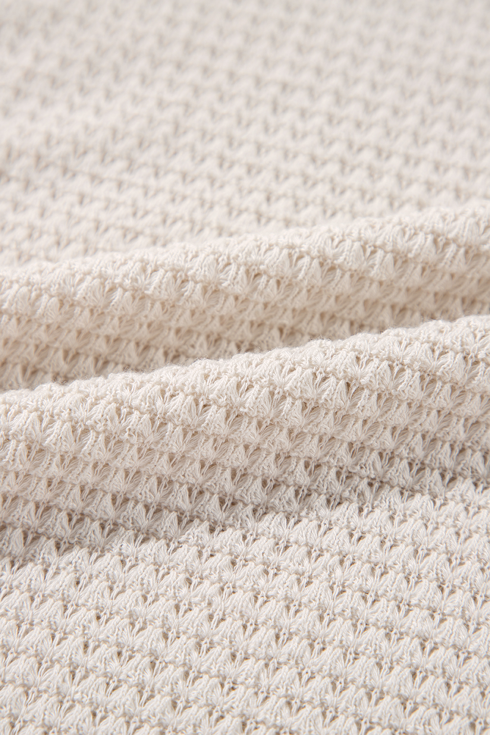 White Waffle Knit Side Slits Loose Fit V Neck Top