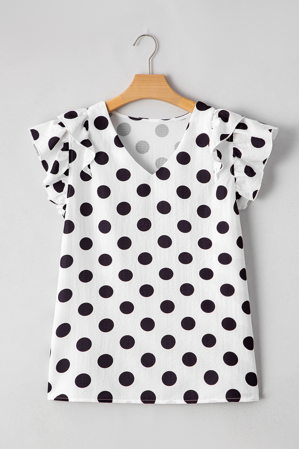 Black Polka Dot Print Ruffled Sleeve V Neck Blouse